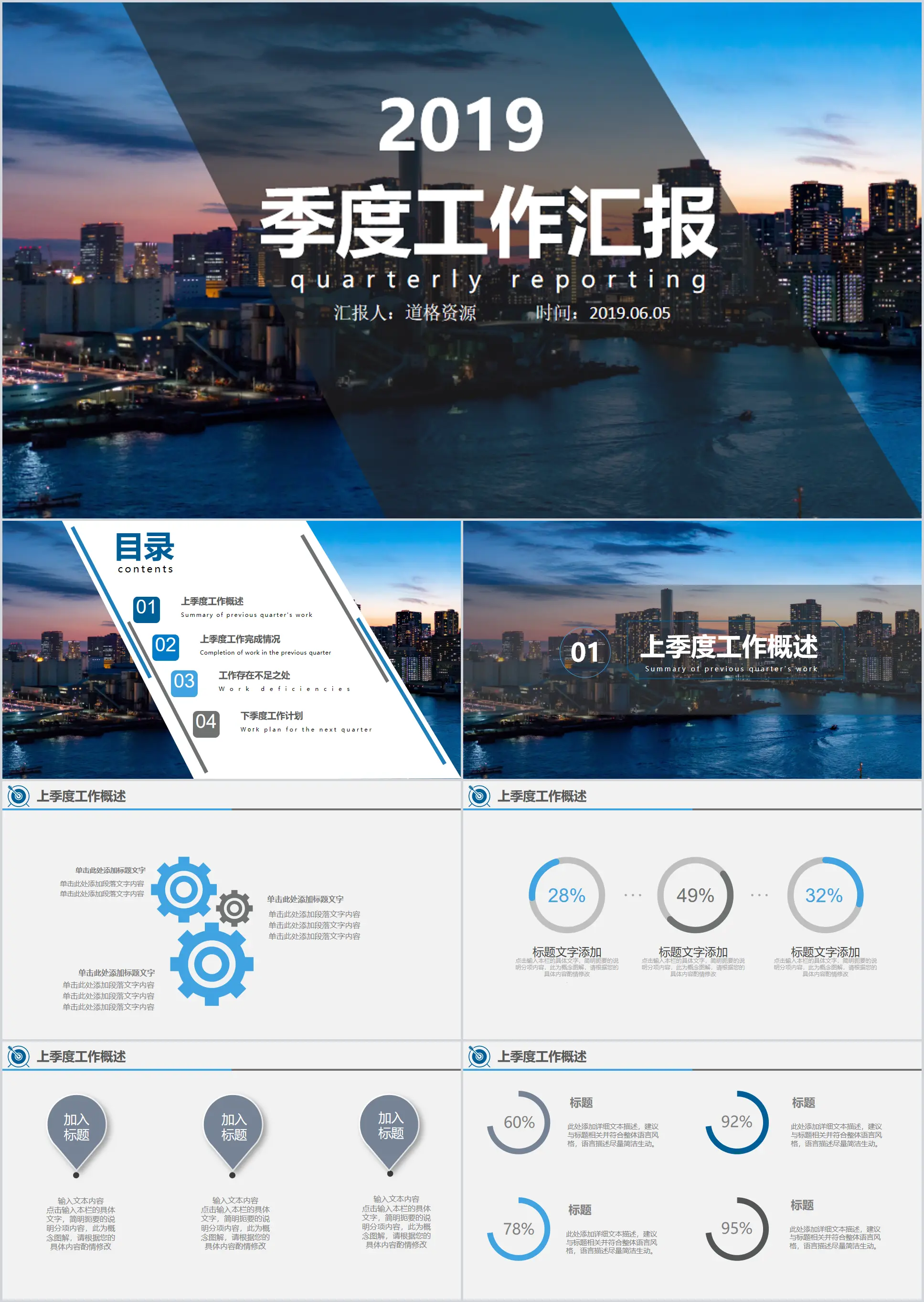 2019蓝色简约大气季度工作汇报报告通用PPT模板