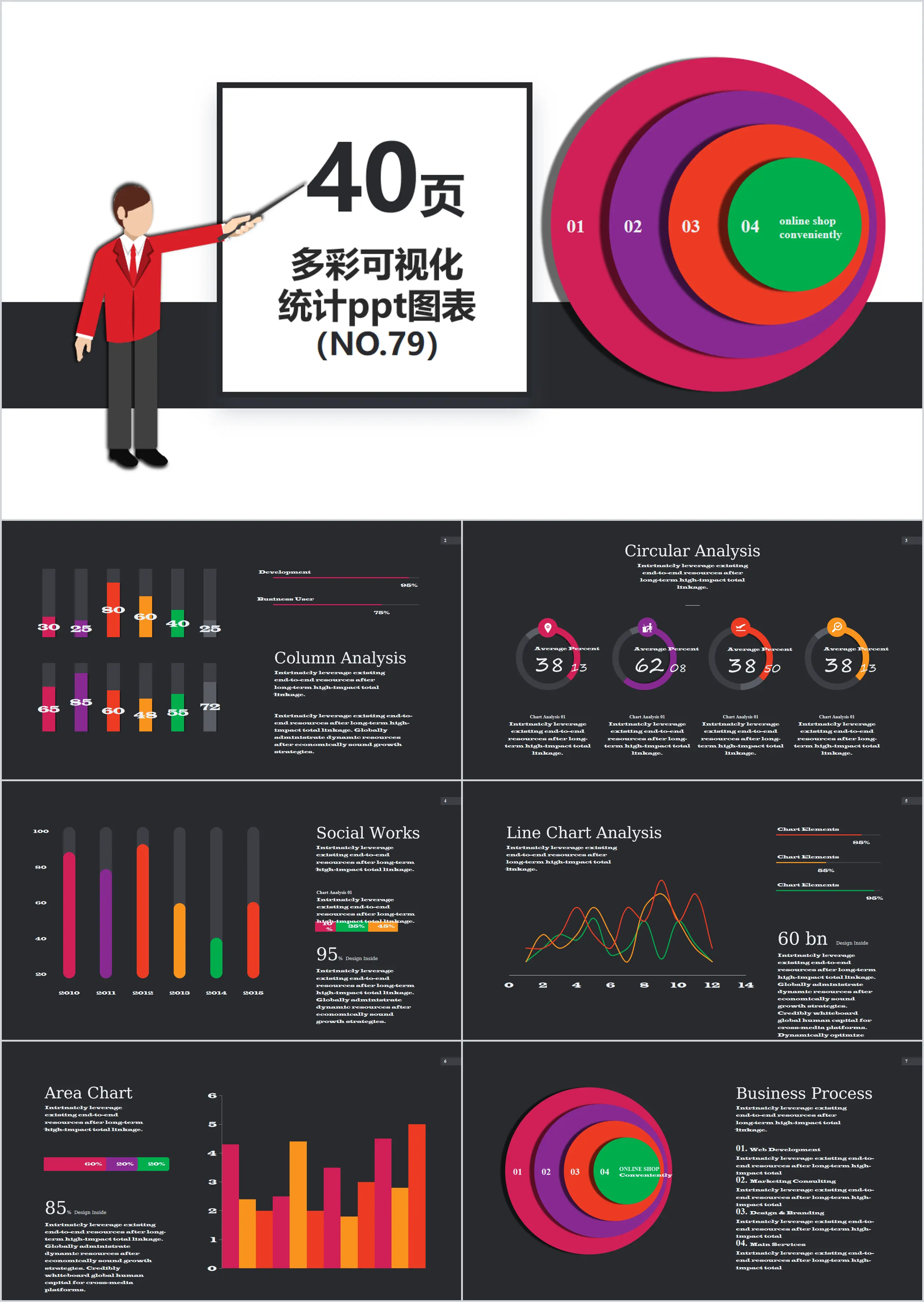 Colorful dynamic business data analysis statistics ppt chart template