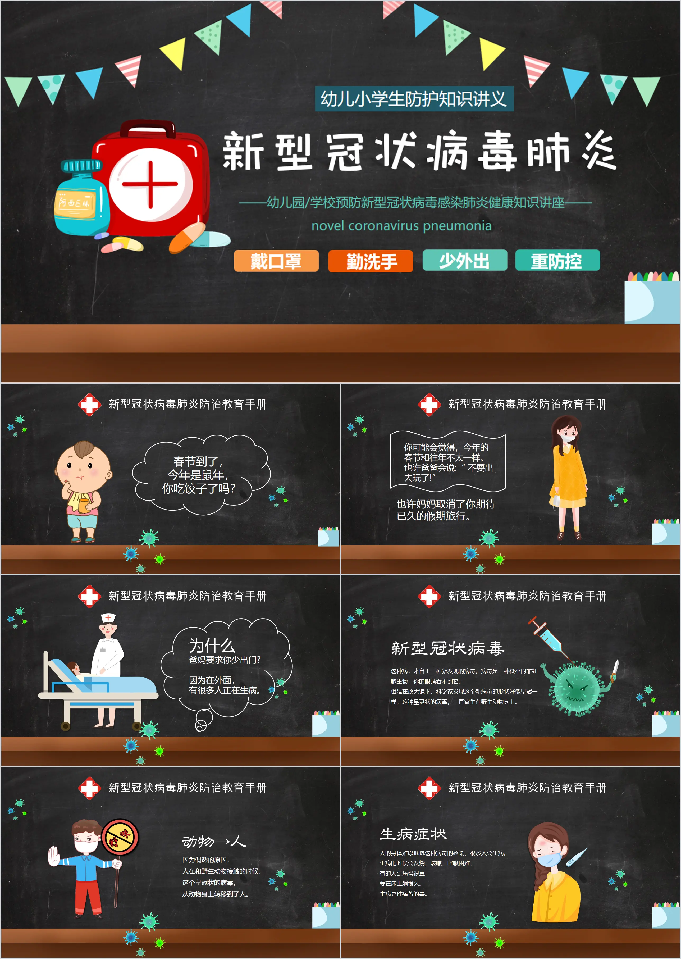 Cartoon blackboard style novel coronavirus pneumonia prevention courseware PPT template