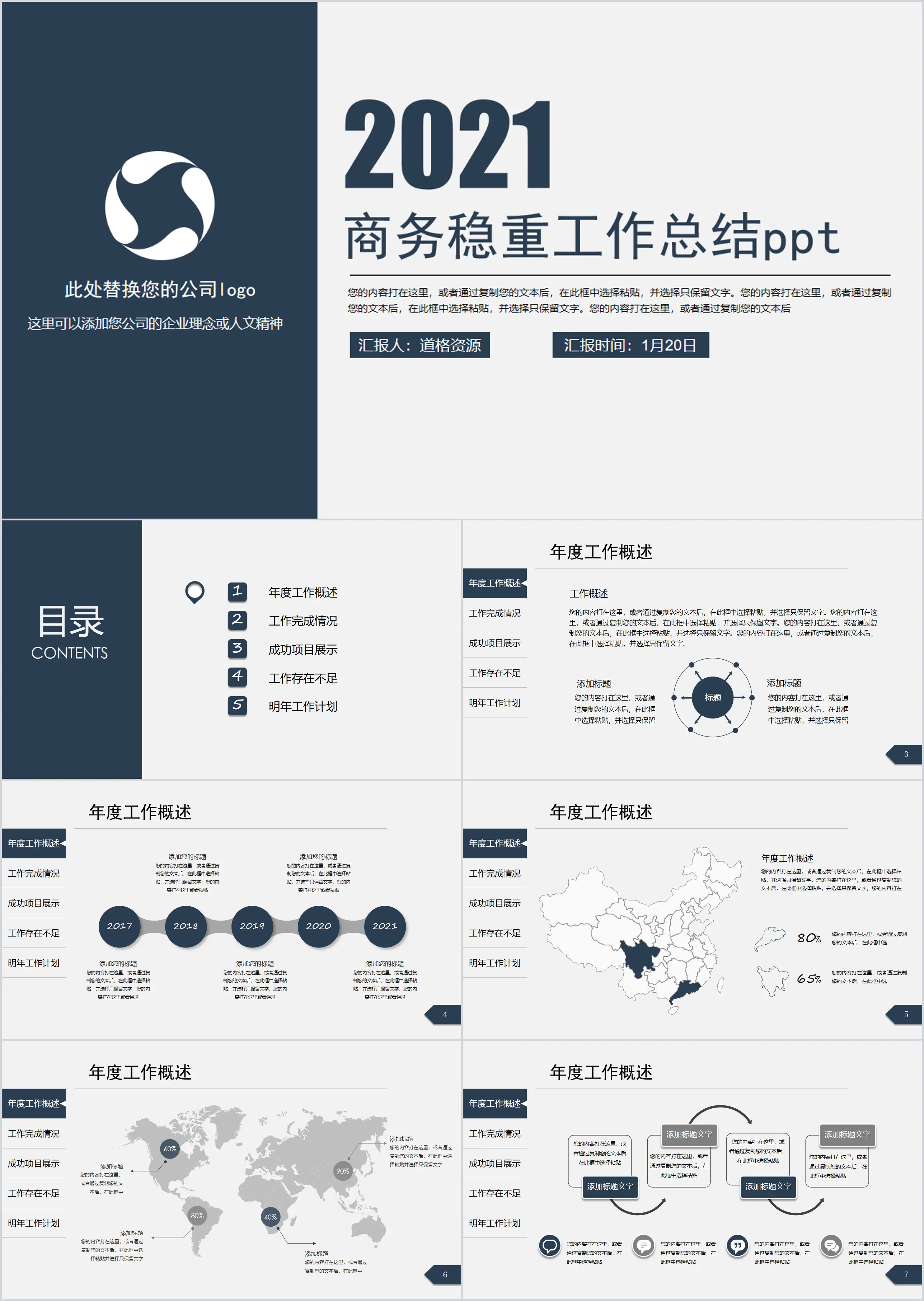 2018 business steady and concise work summary work plan general PPT template