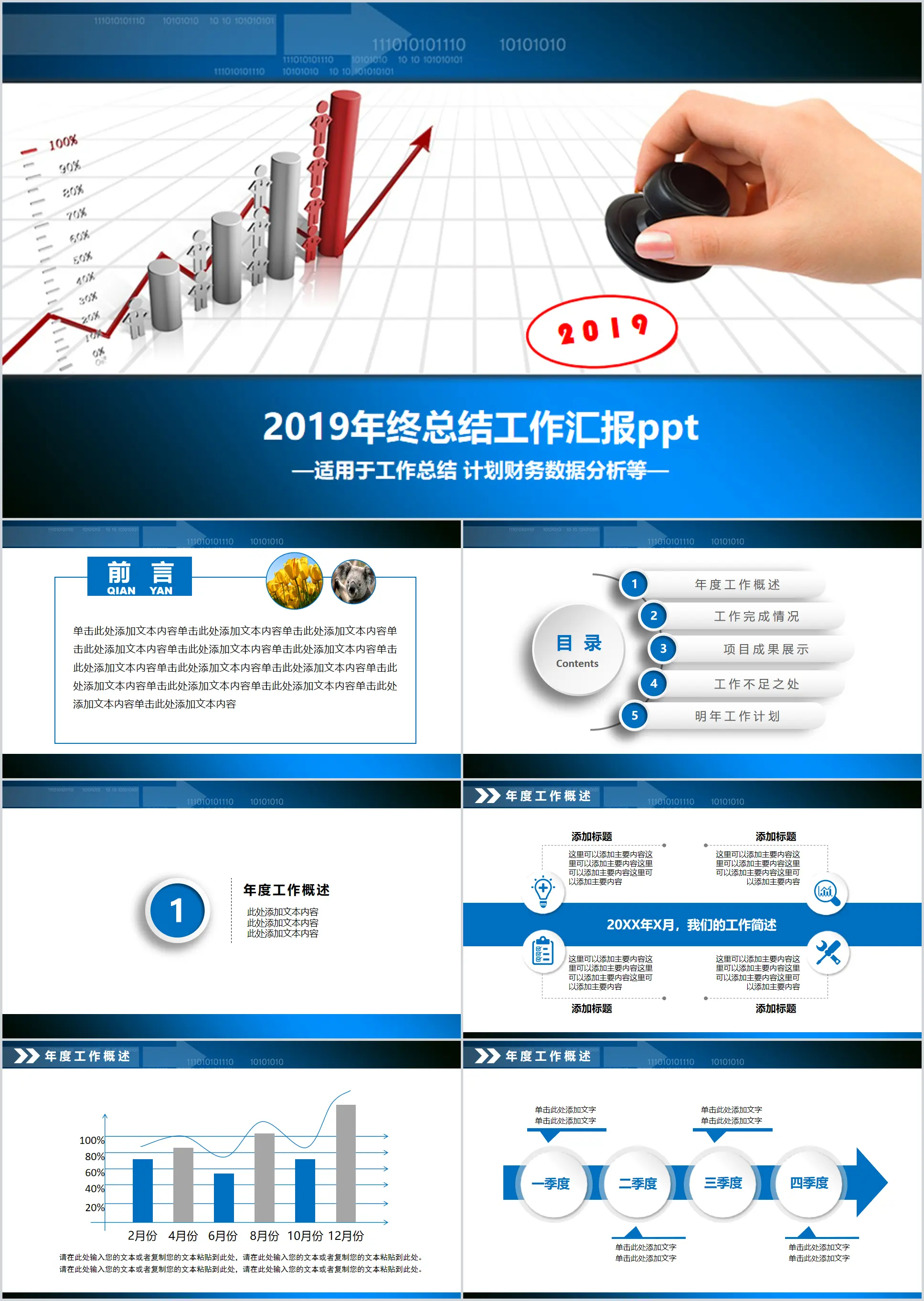 2019 blue year-end summary work report PPT template