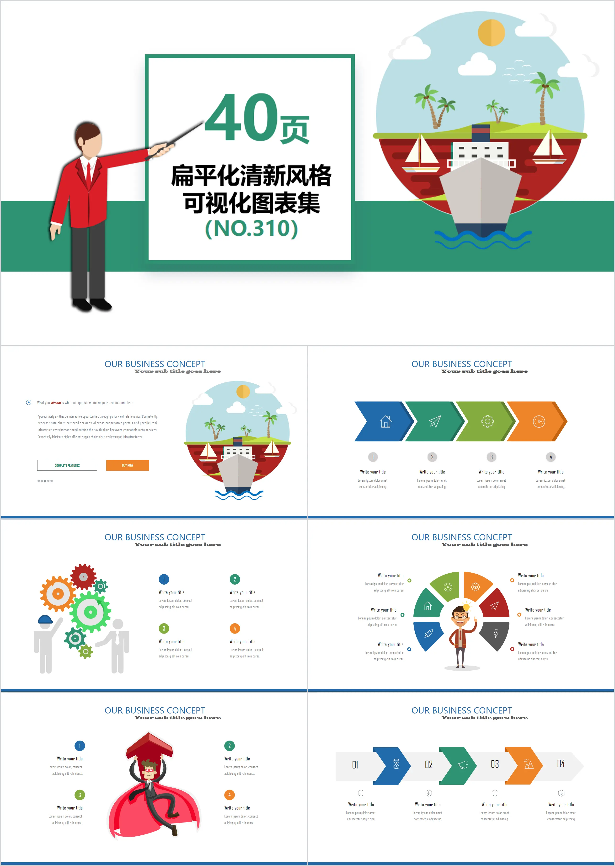 40页扁平化工作总结汇报可视化PPT图表