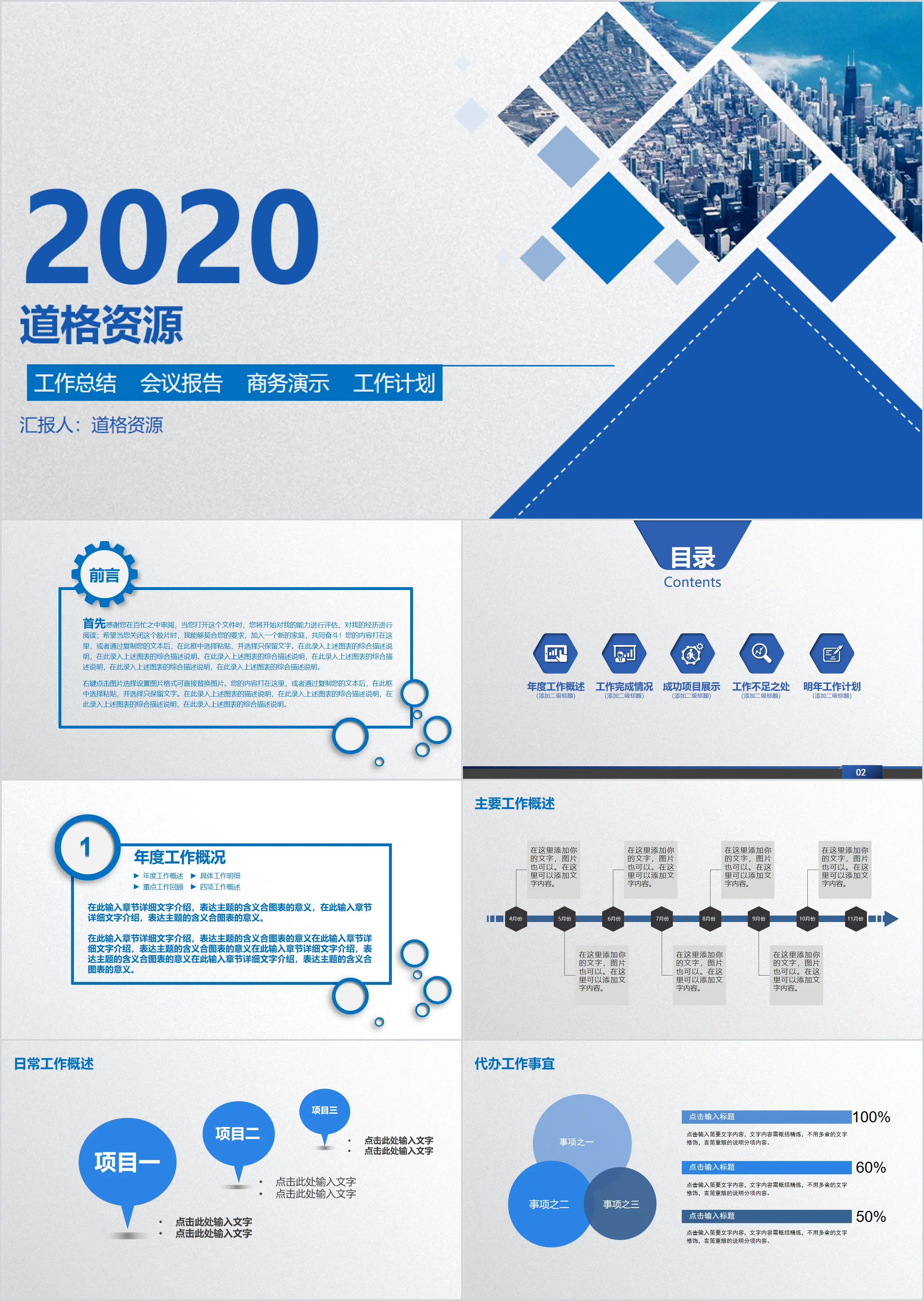 蓝色大气简约工作总结会议报告计划PPT模板