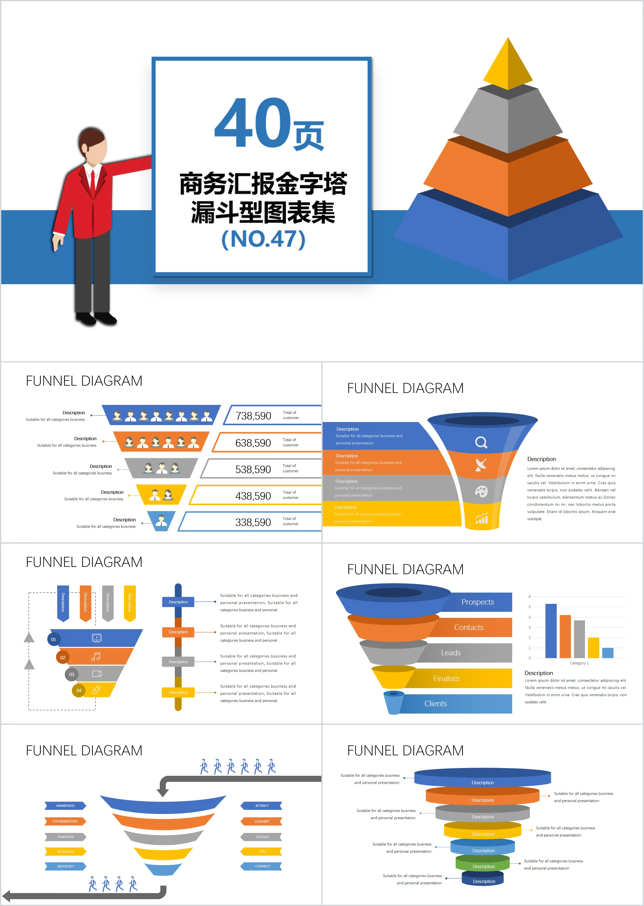 商務匯報金字塔漏斗型PPT圖表集模板