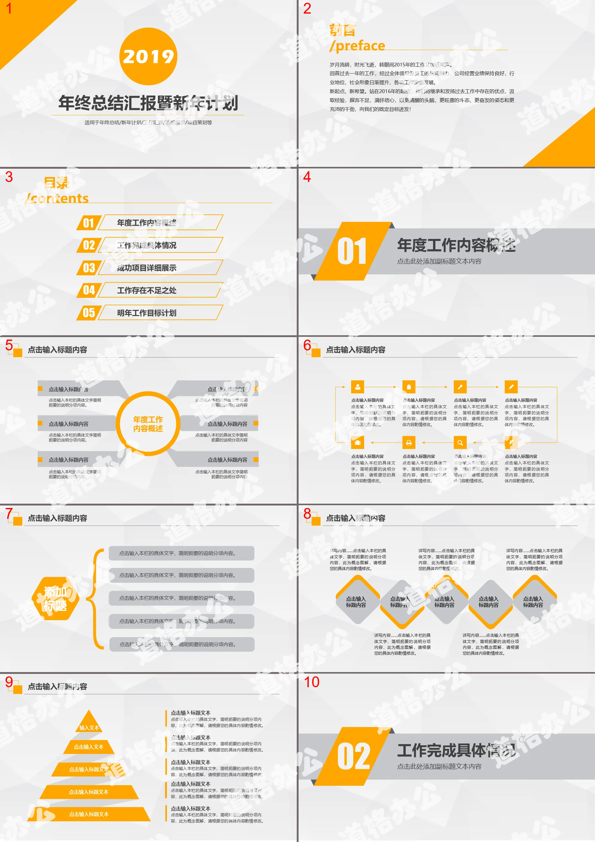 Orange polygon year-end summary report and New Year's plan PPT template