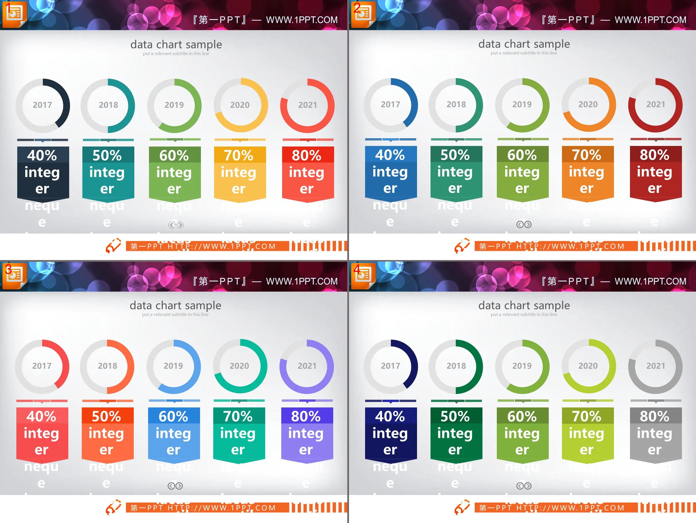 4 sets of 5 data items comparison PPT pie chart