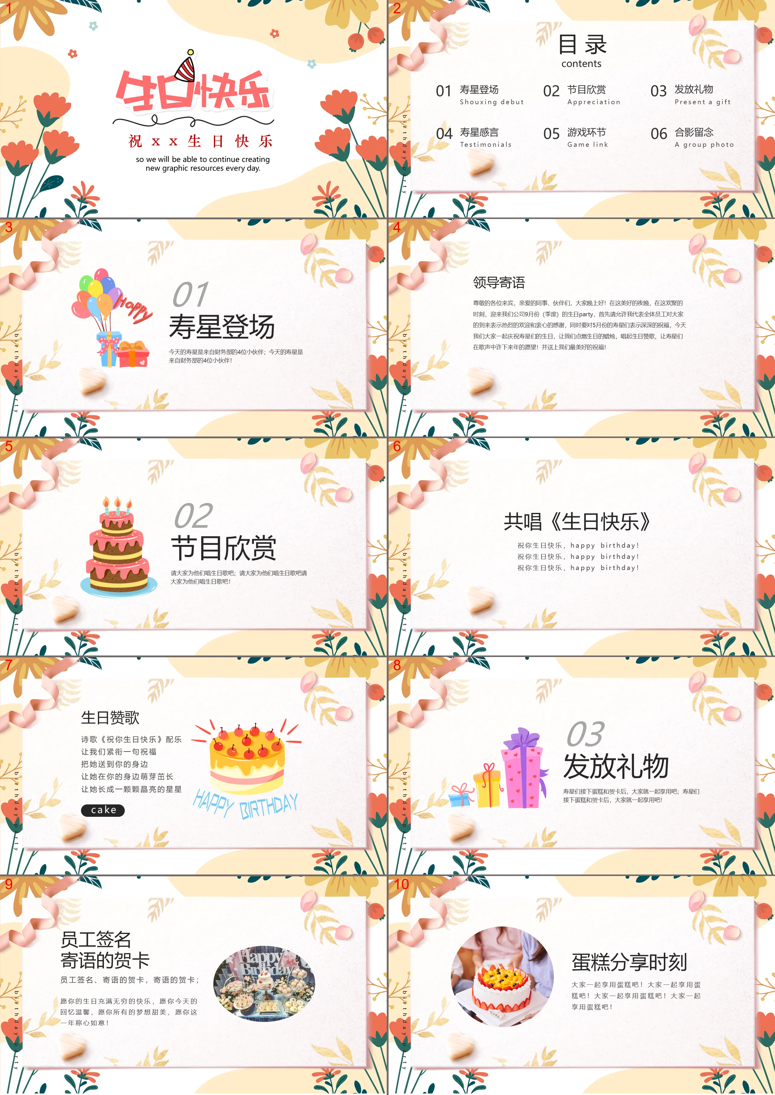 Employee birthday party PPT template with vector cartoon floral background