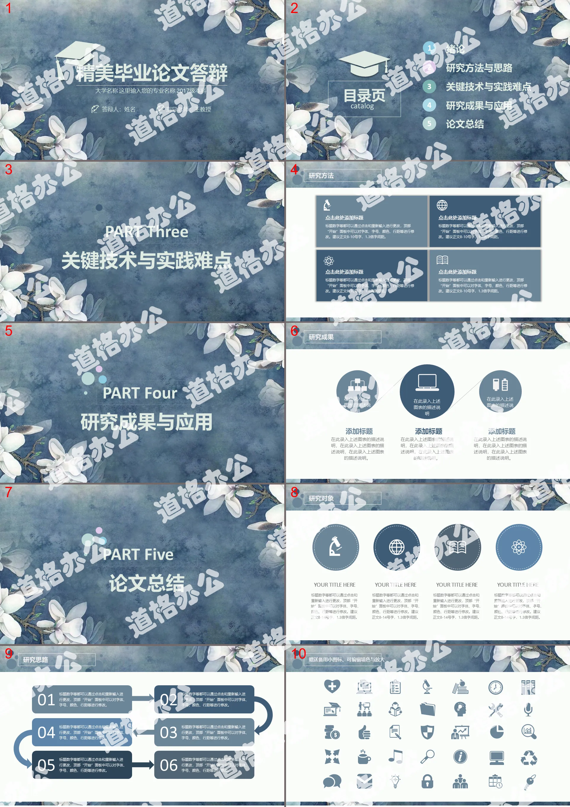 Graduation defense PPT template with retro floral background