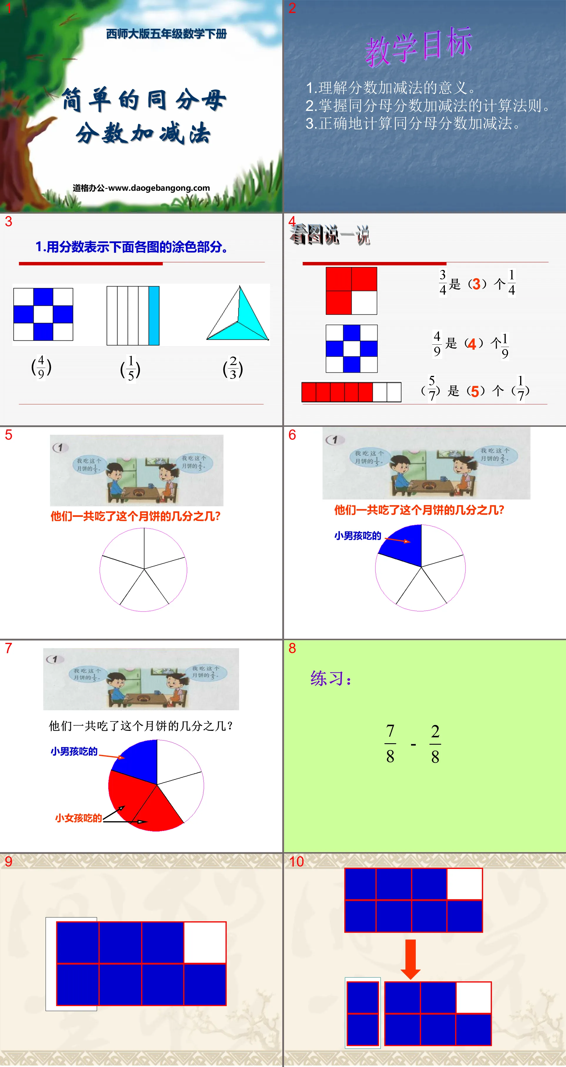 "Simple Addition and Subtraction of Fractions with Same Denominators" Fraction Addition and Subtraction PPT Courseware