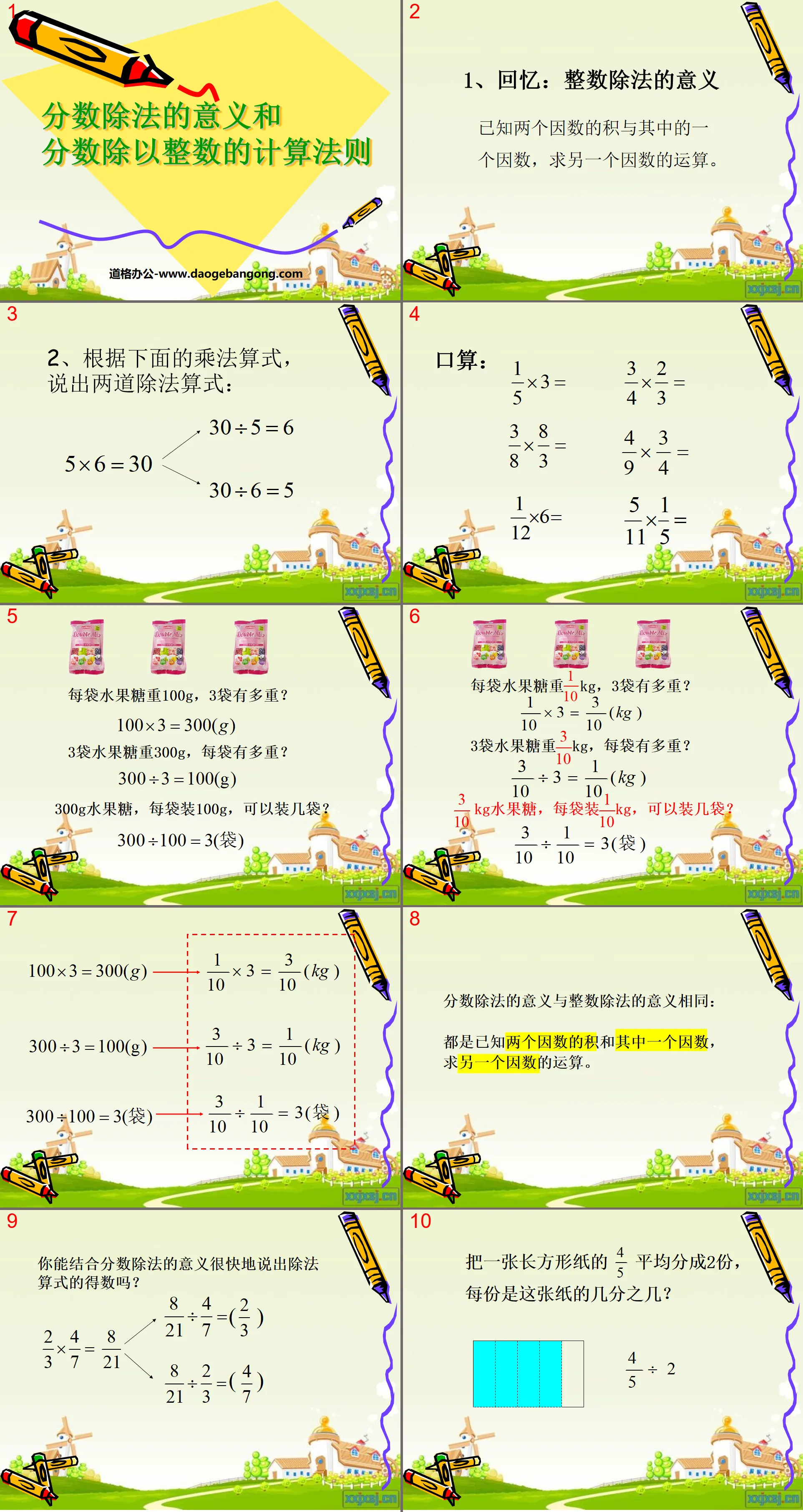 "La signification de la division de fractions et les règles de calcul pour diviser des fractions par des nombres entiers" Didacticiel PPT sur la division de fractions