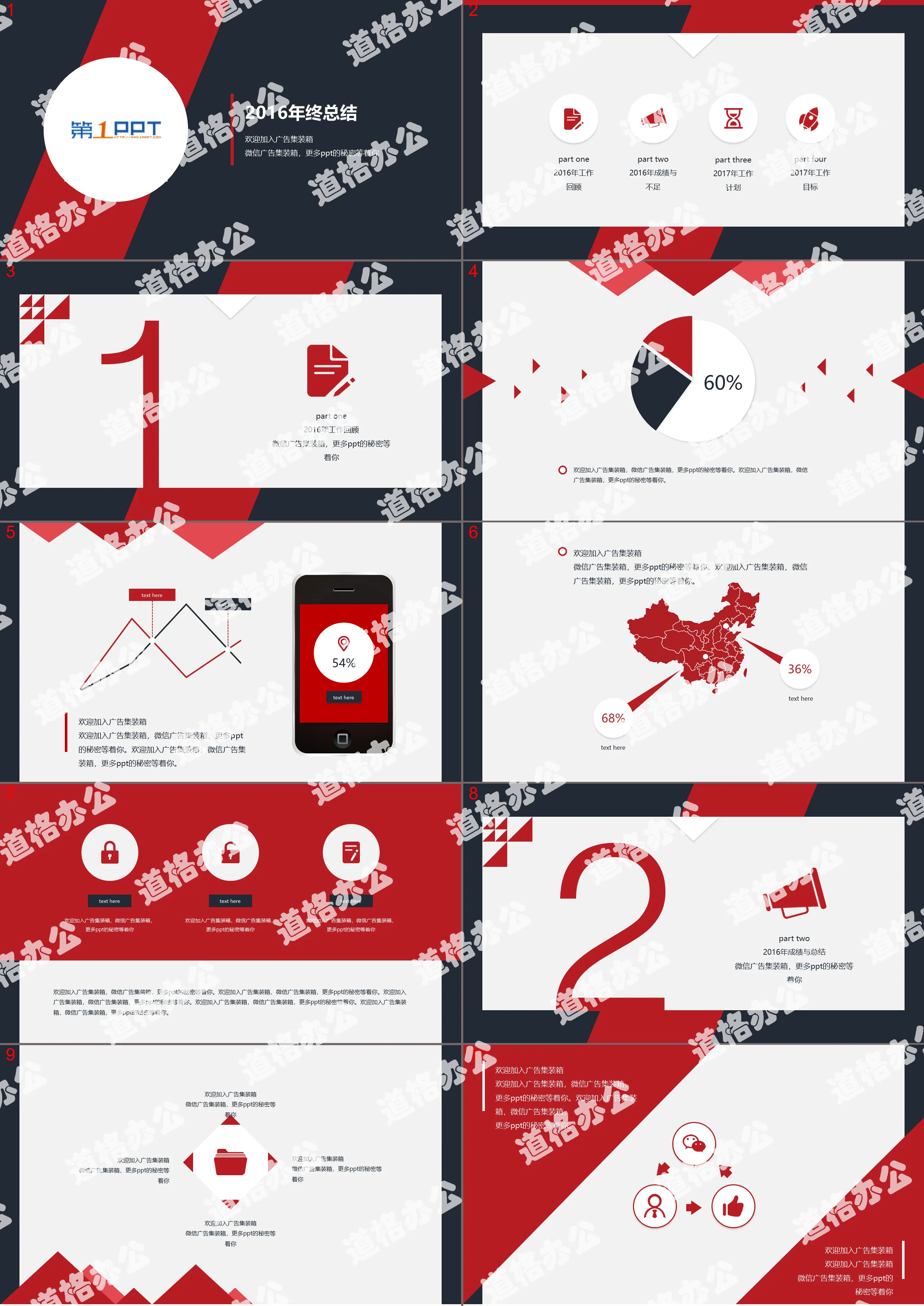 Red flat year-end summary PPT template