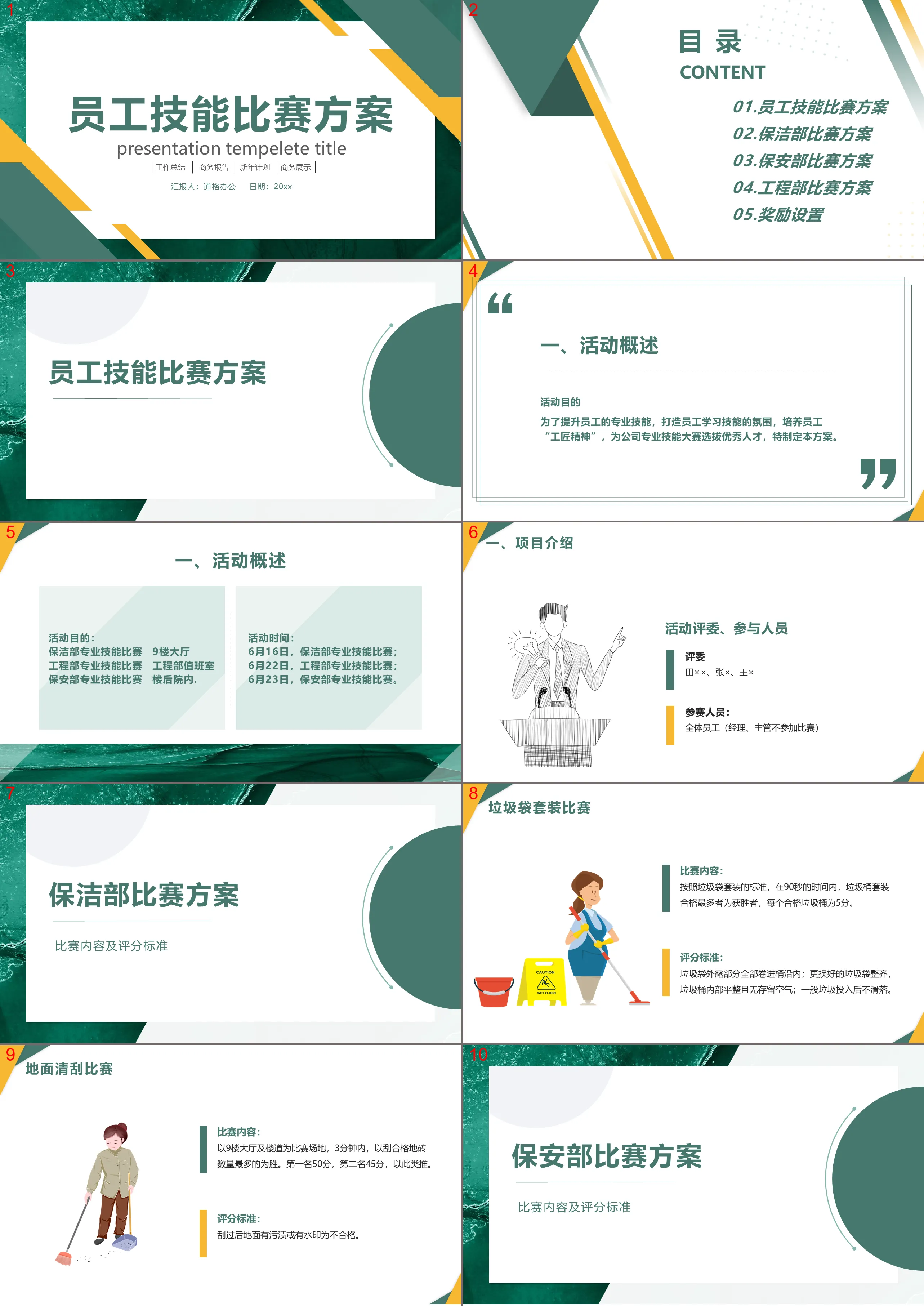 Employee skills competition plan PPT template with green texture background