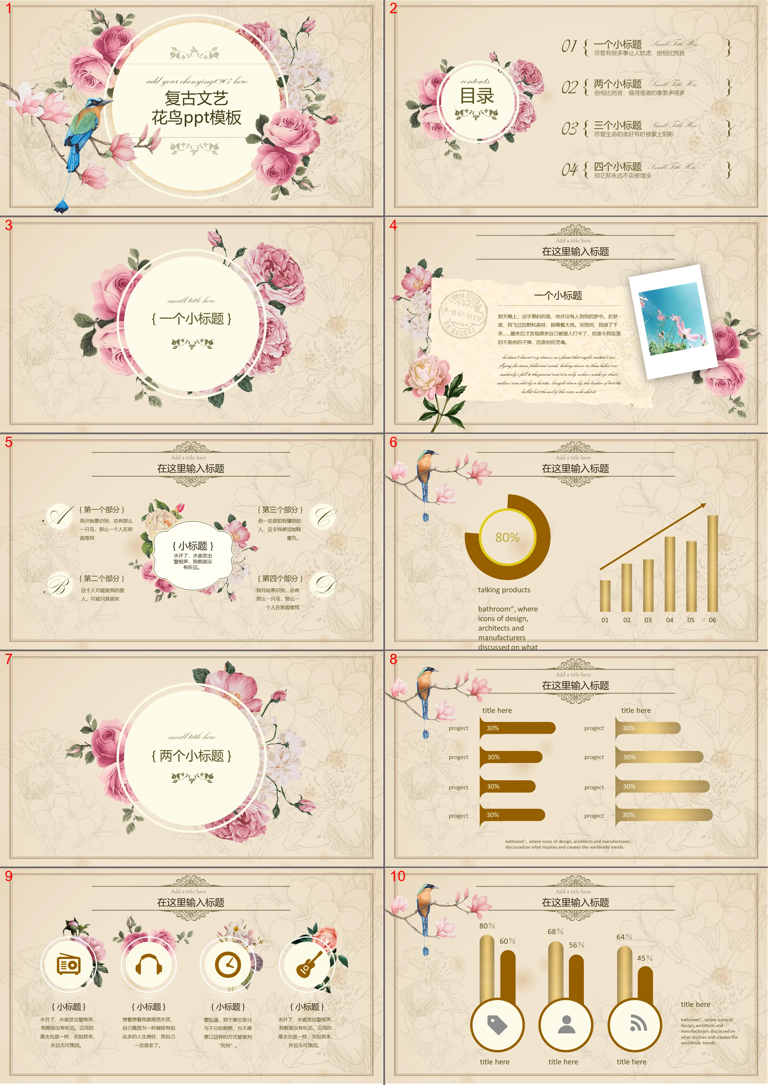 Modèle PPT de style chinois rétro avec fond de fleurs et d'oiseaux aquarelles