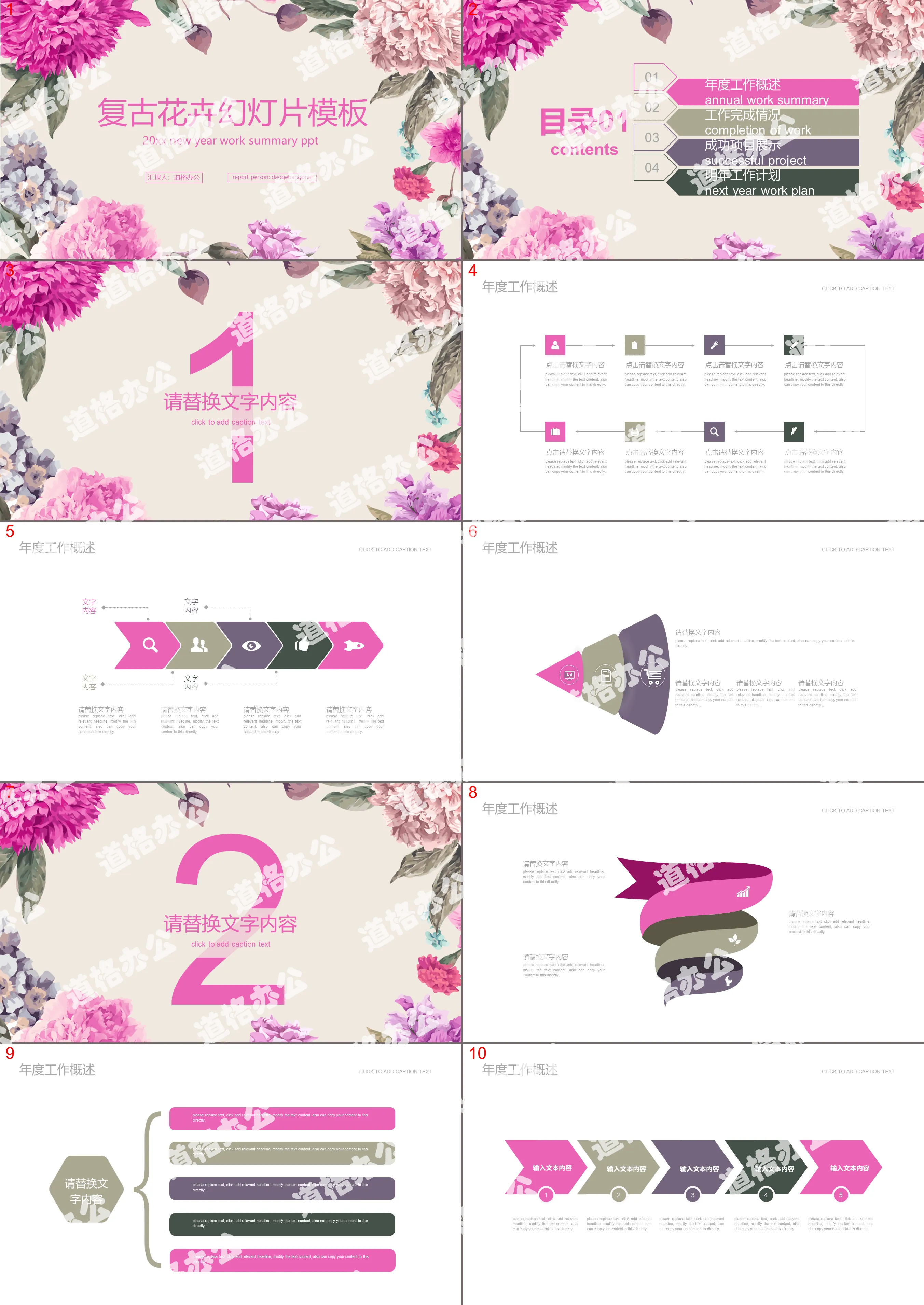 Retro hand-painted art flowers PPT template