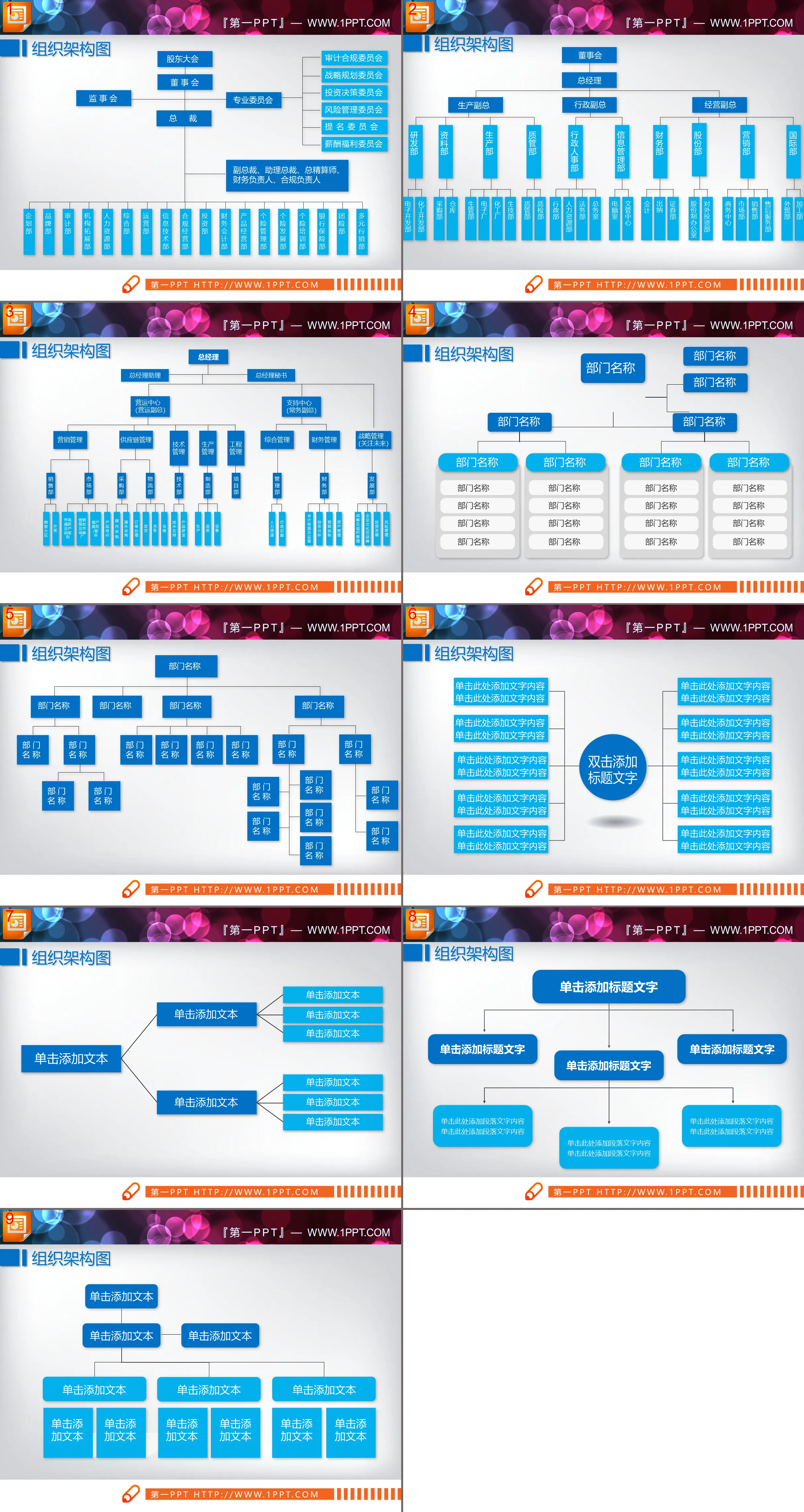 9 blue company organizational chart PPT charts