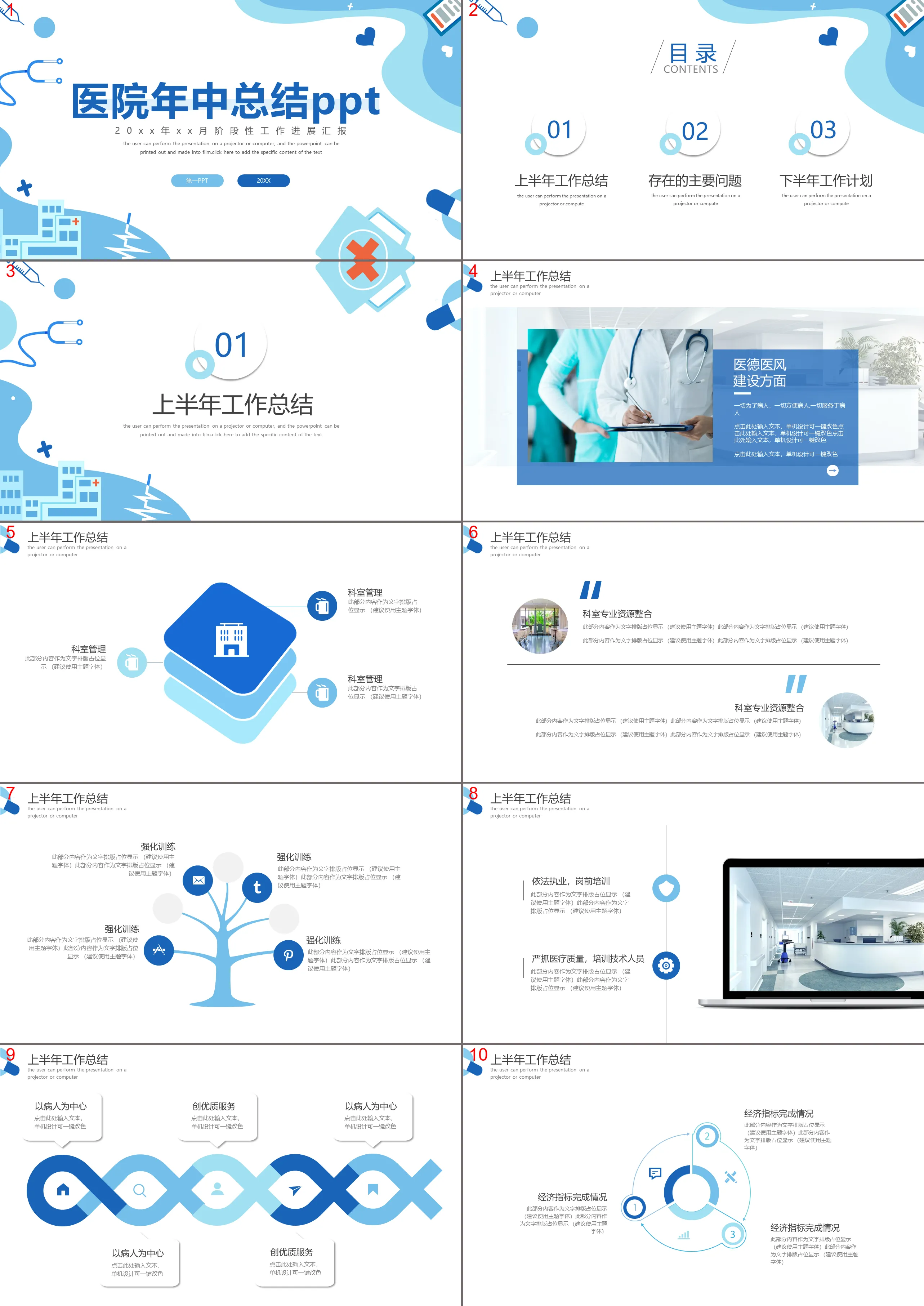 蓝色医院年中工作总结PPT模板