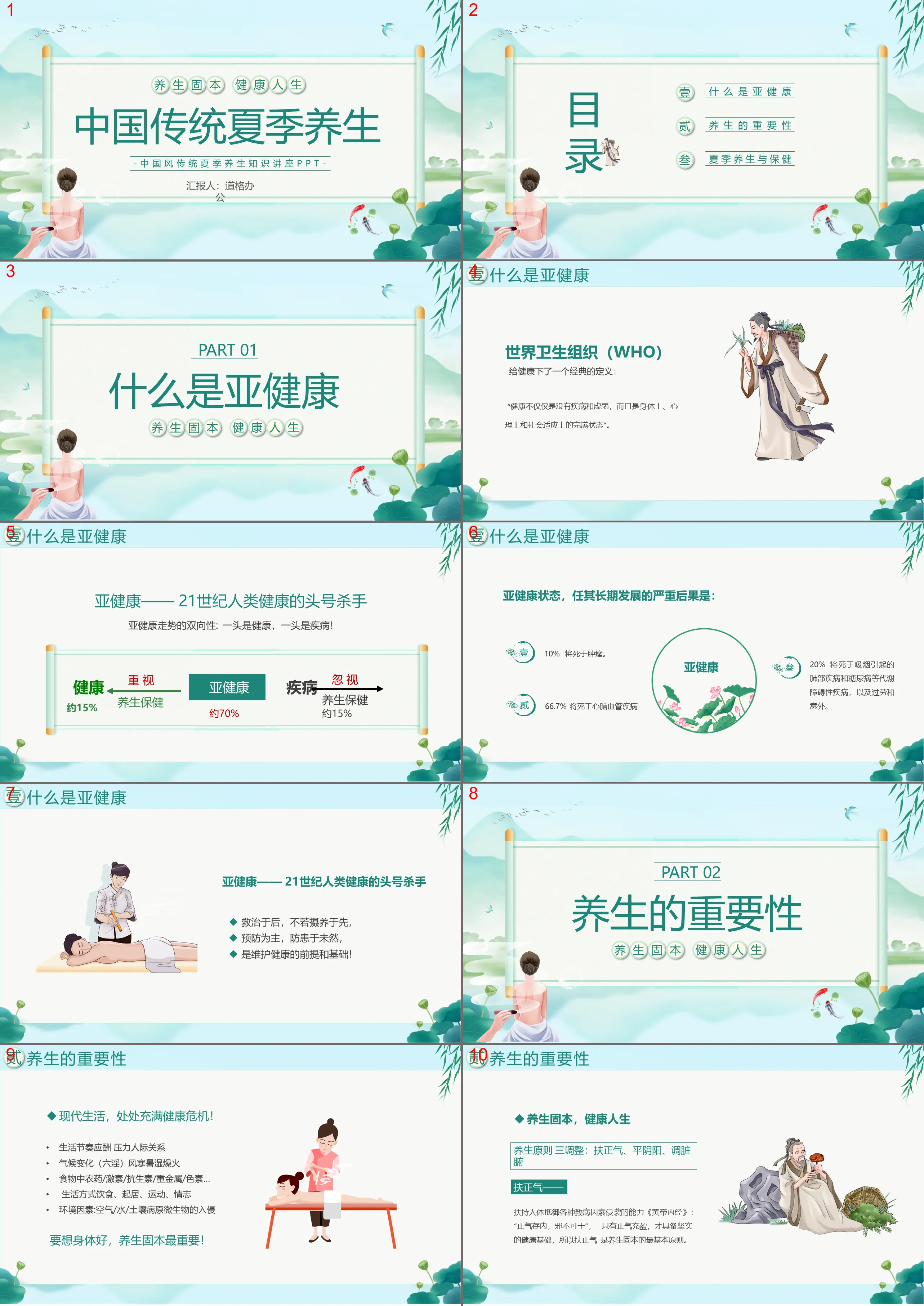 Green and fresh Chinese traditional summer health PPT template download