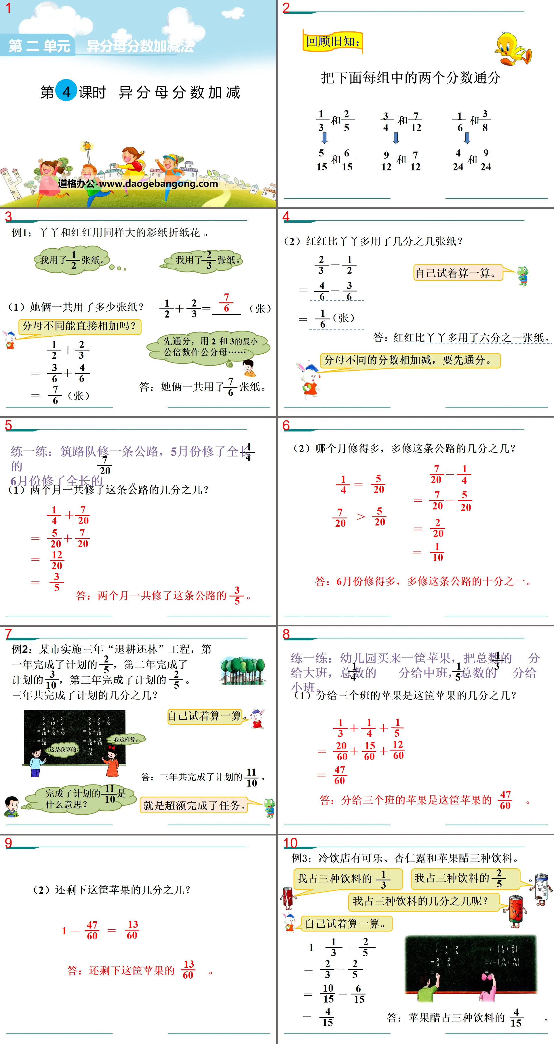 "Addition and Subtraction of Fractions with Different Denominators" PPT