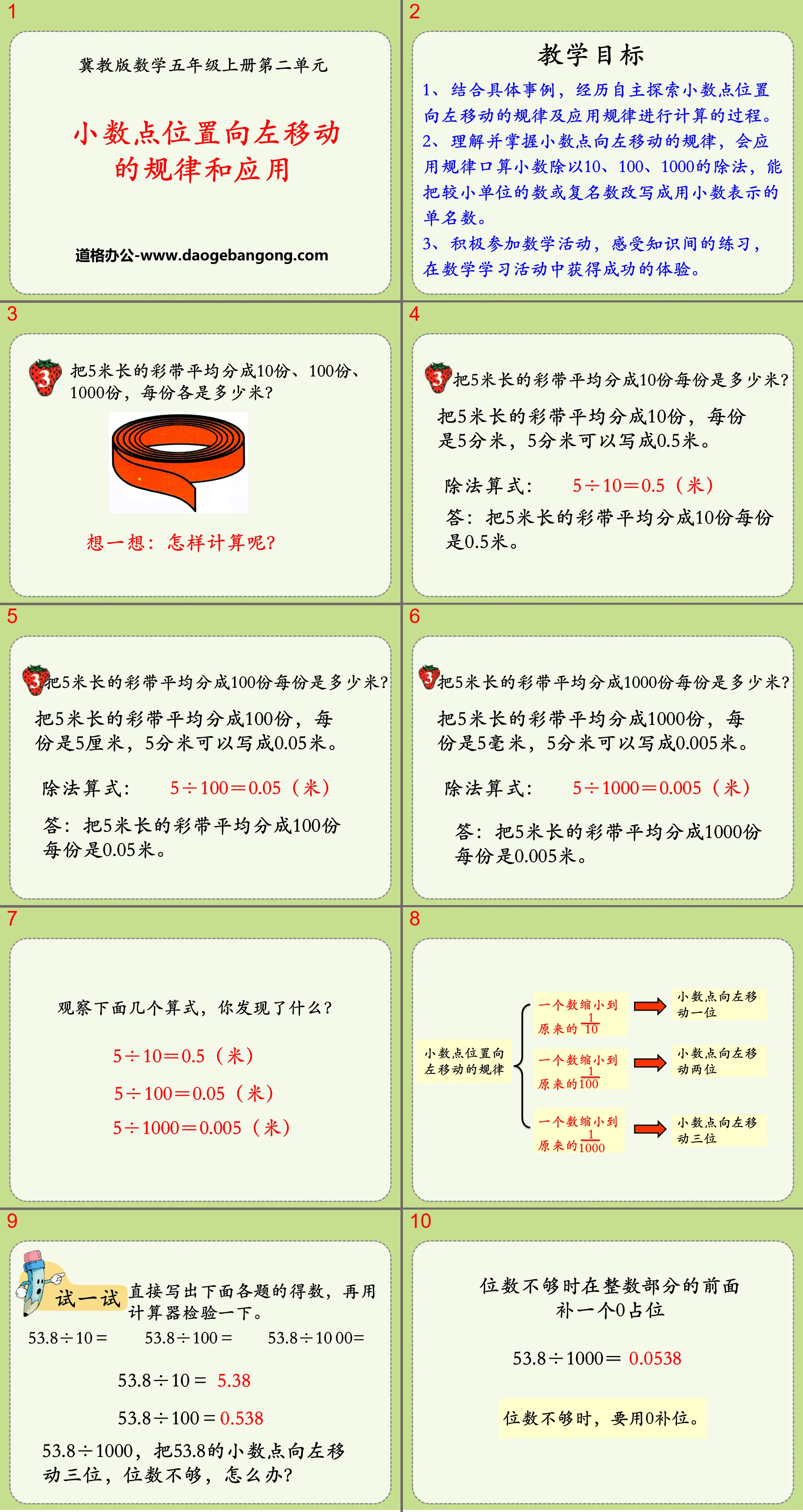 "The rules and applications of moving the decimal point position to the left" Decimal multiplication PPT courseware