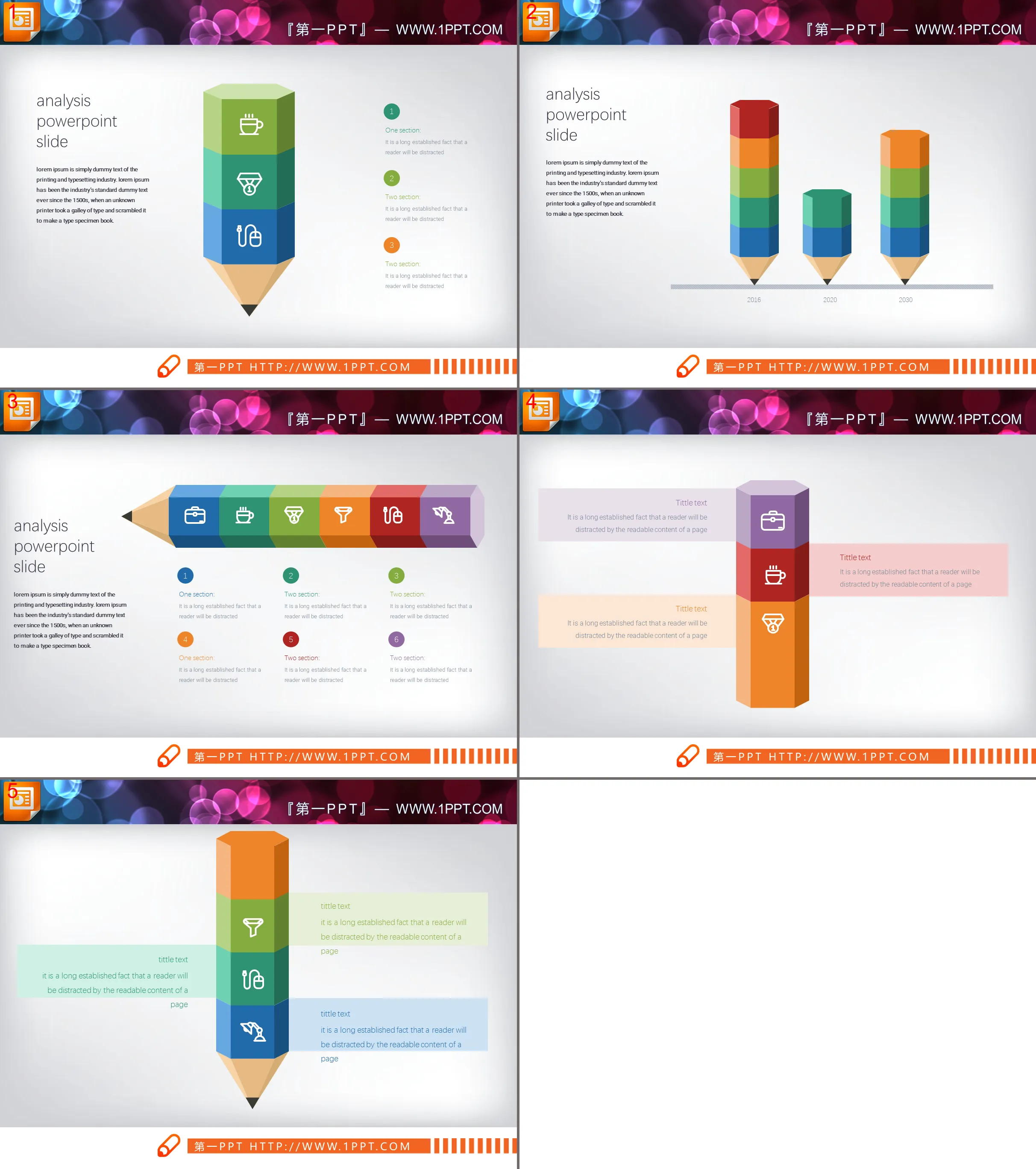 Cinq ensembles de graphiques PPT dans un style de crayon de couleur exquis