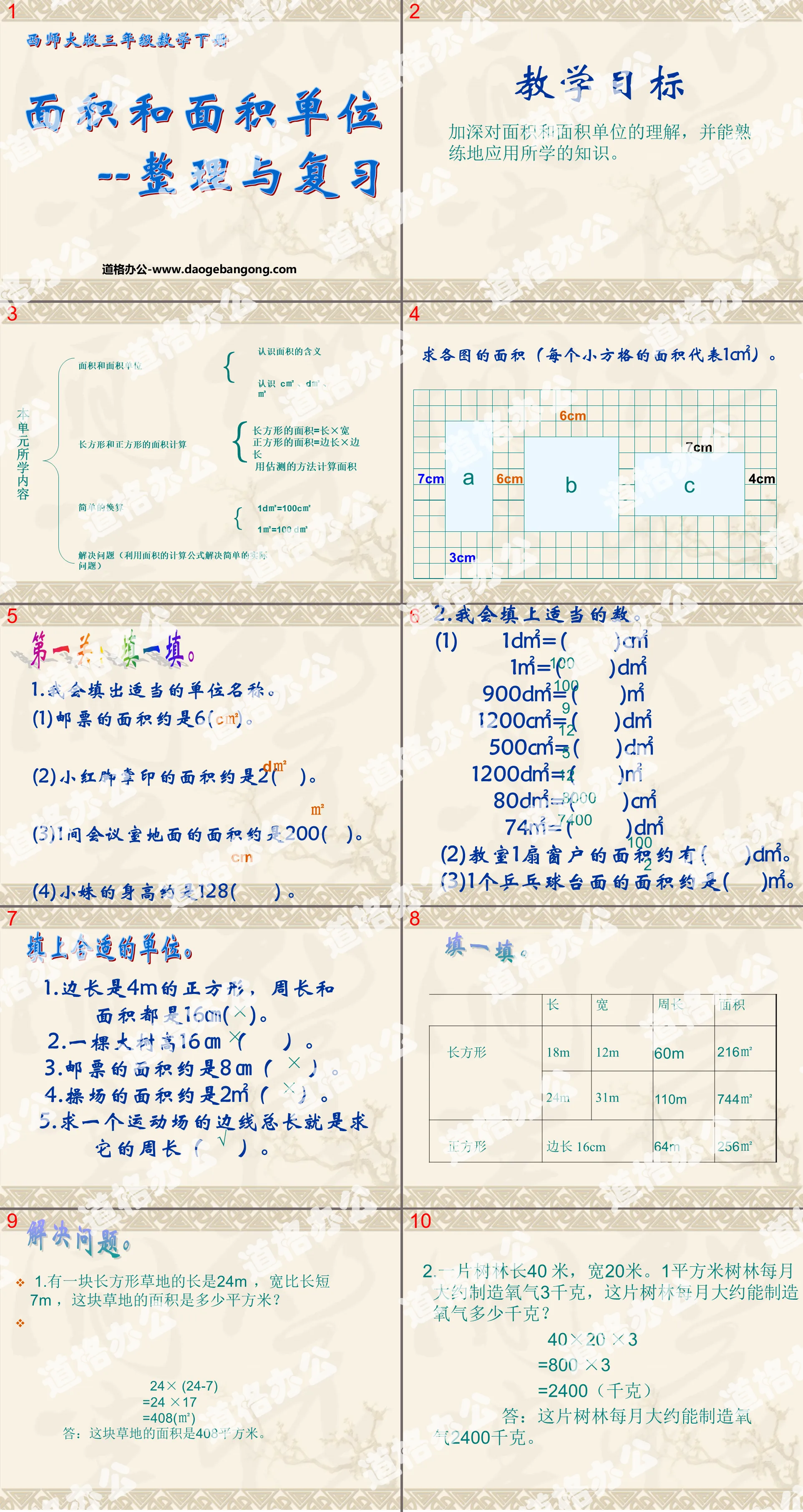 《面积和面积单位-整理与复习》长方形和正方形的面积PPT课件