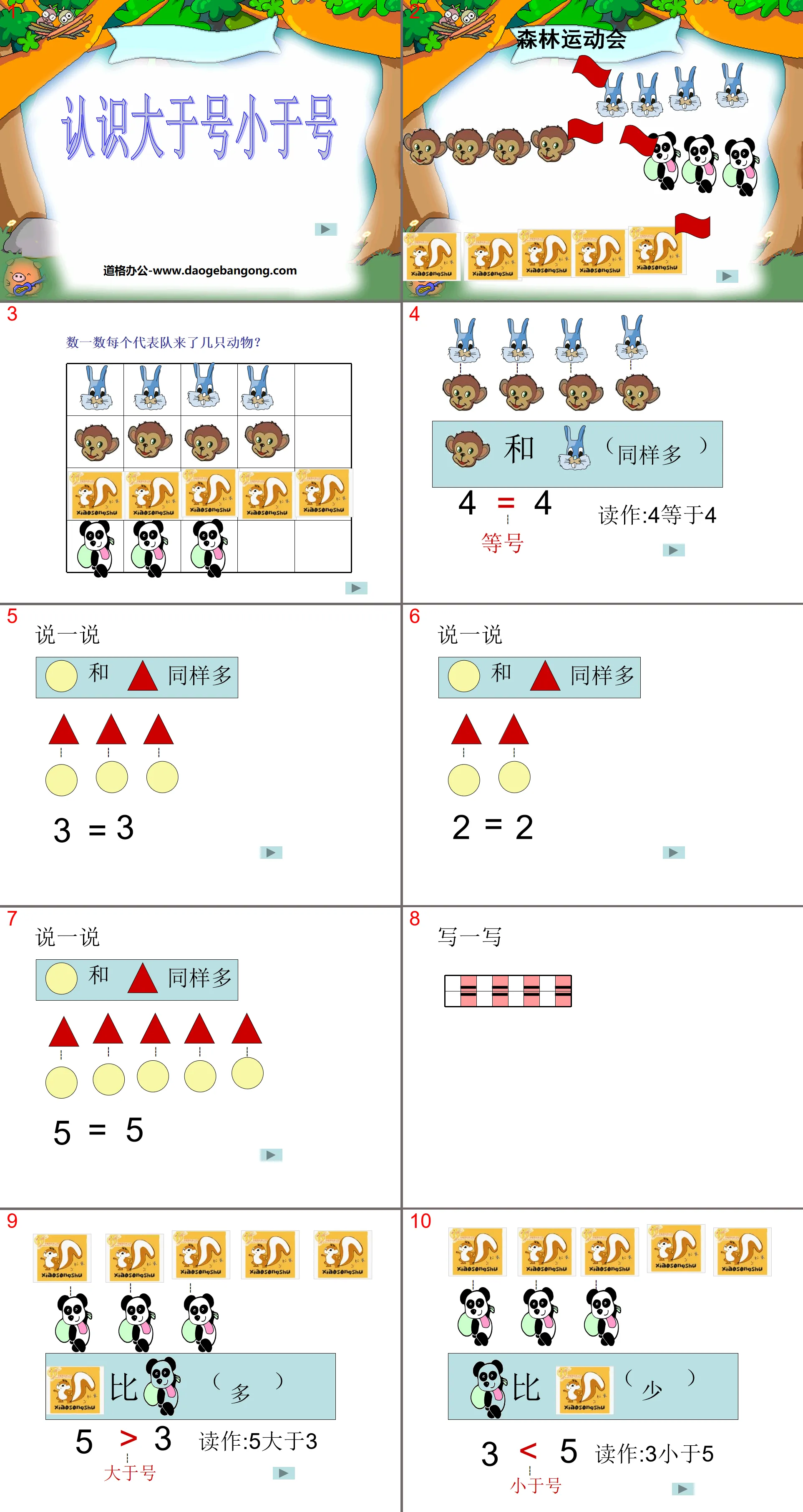 "Understanding the greater than sign and less than the sign" Recognizing numbers within 10 PPT courseware 2