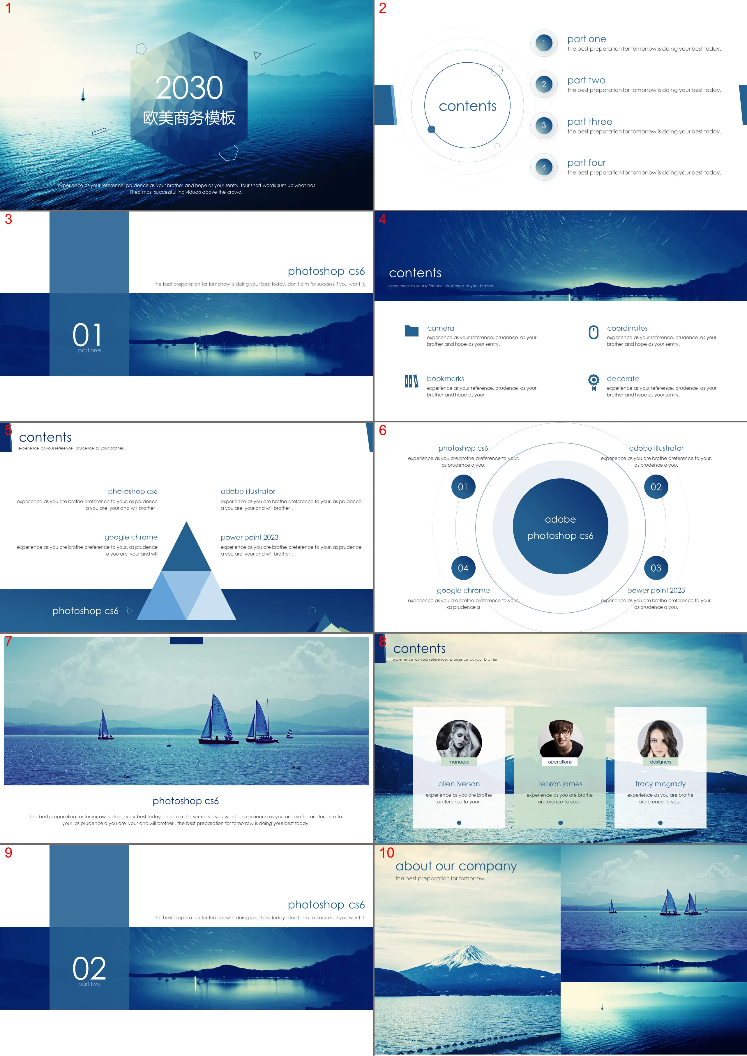 European and American business report PPT template download with blue sea level background