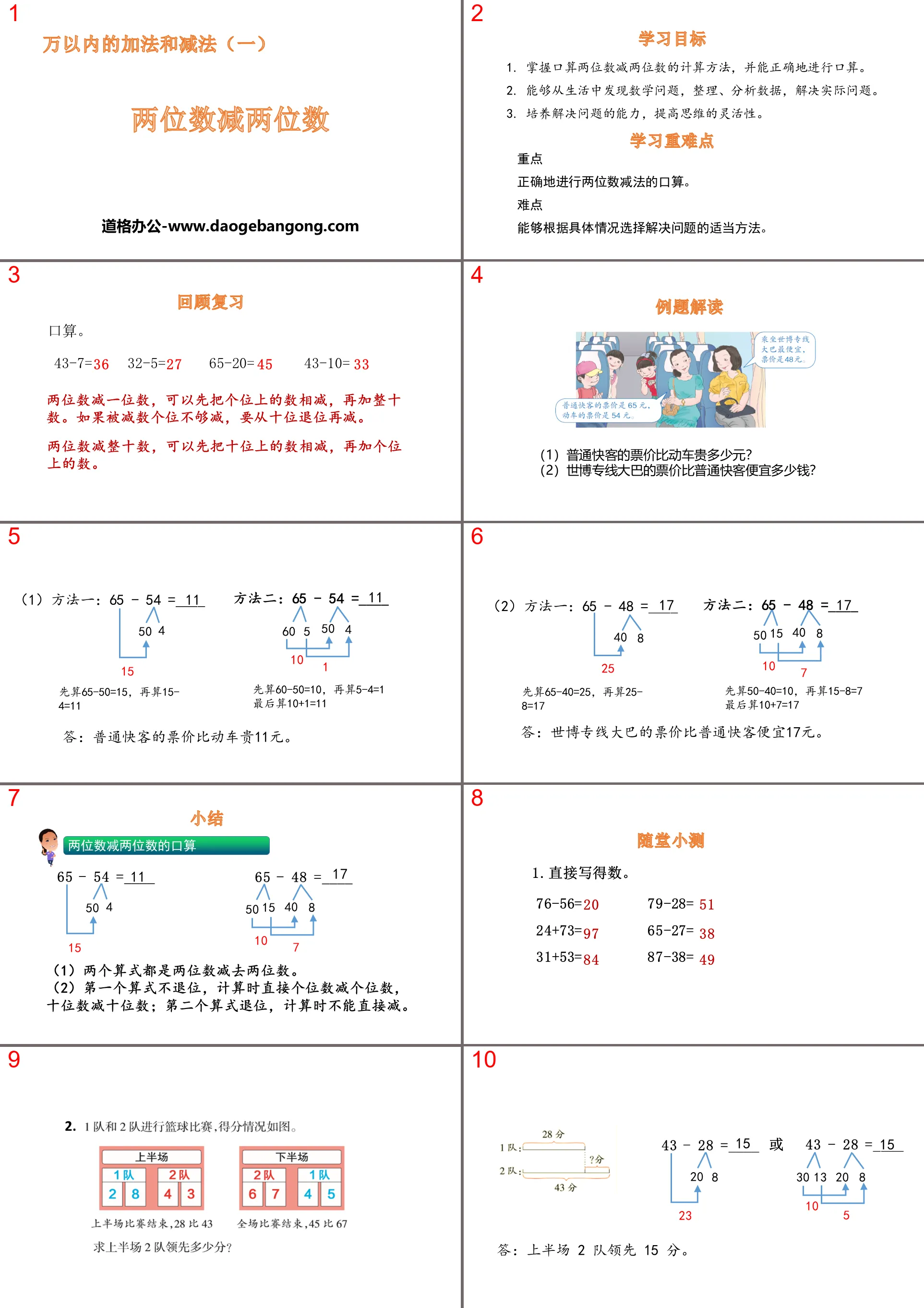 "Subtracting Two-Digit Numbers from Two-Digit Numbers" PPT teaching courseware for addition and subtraction within ten thousand