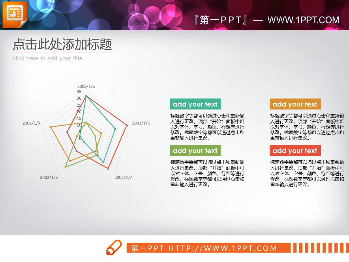 三张彩色扁平化PPT雷达图