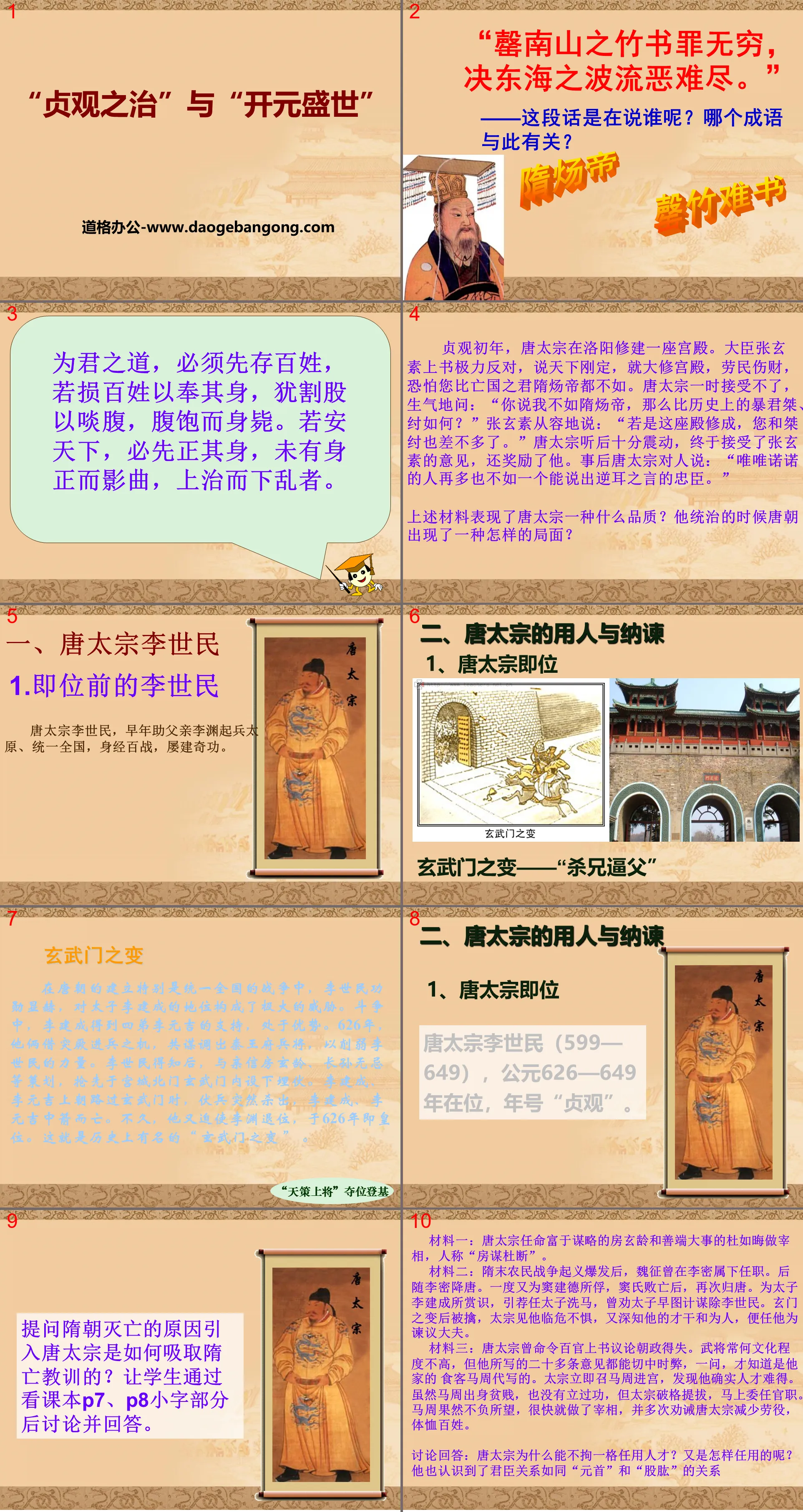 Cours PPT « Le règne de Zhenguan » et « L'âge prospère de Kaiyuan » pendant les dynasties Sui et Tang