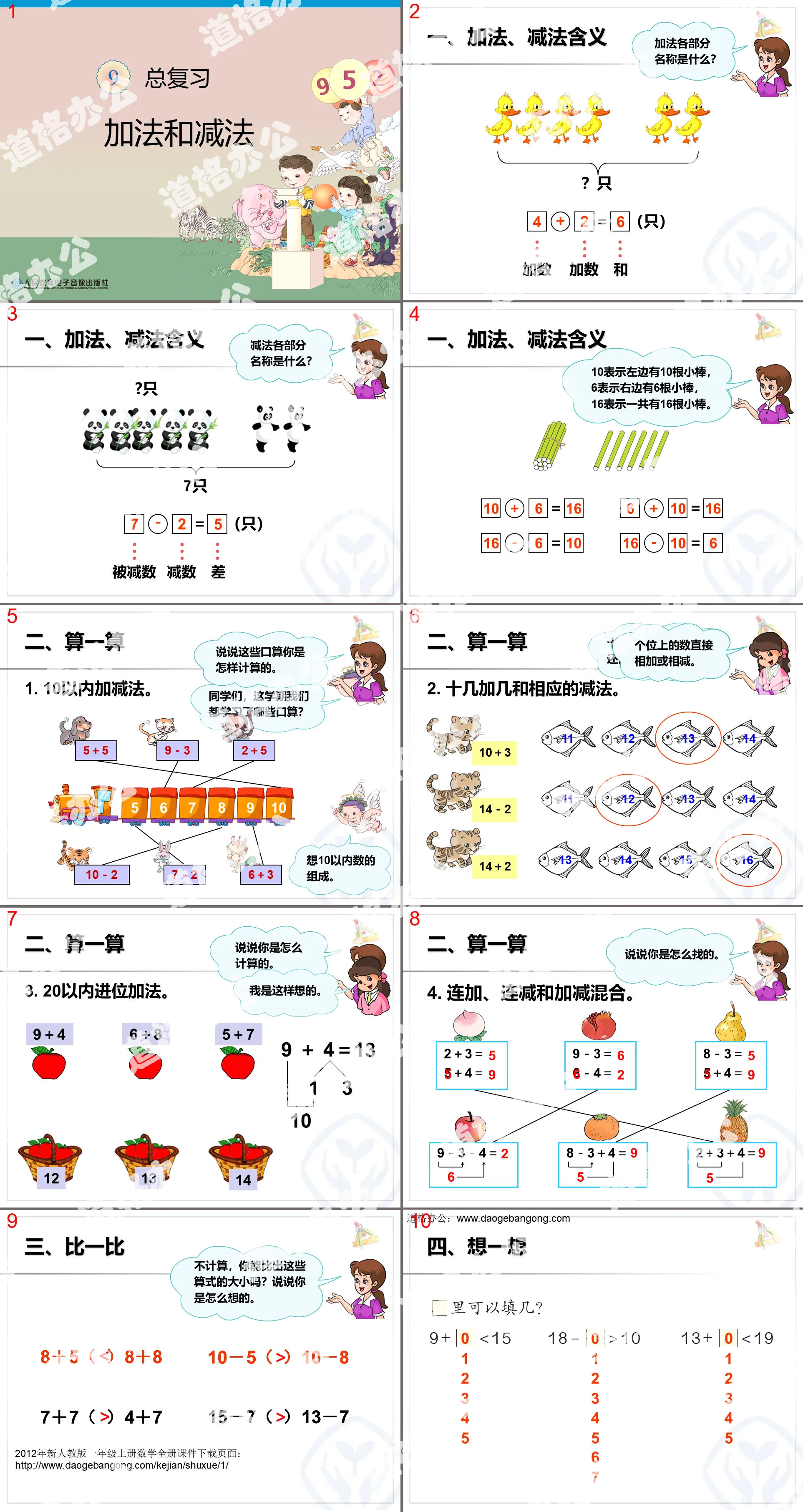 2012 New People's Education Edition first-grade mathematics unit 9 general review "Addition and Subtraction" PPT courseware free download;