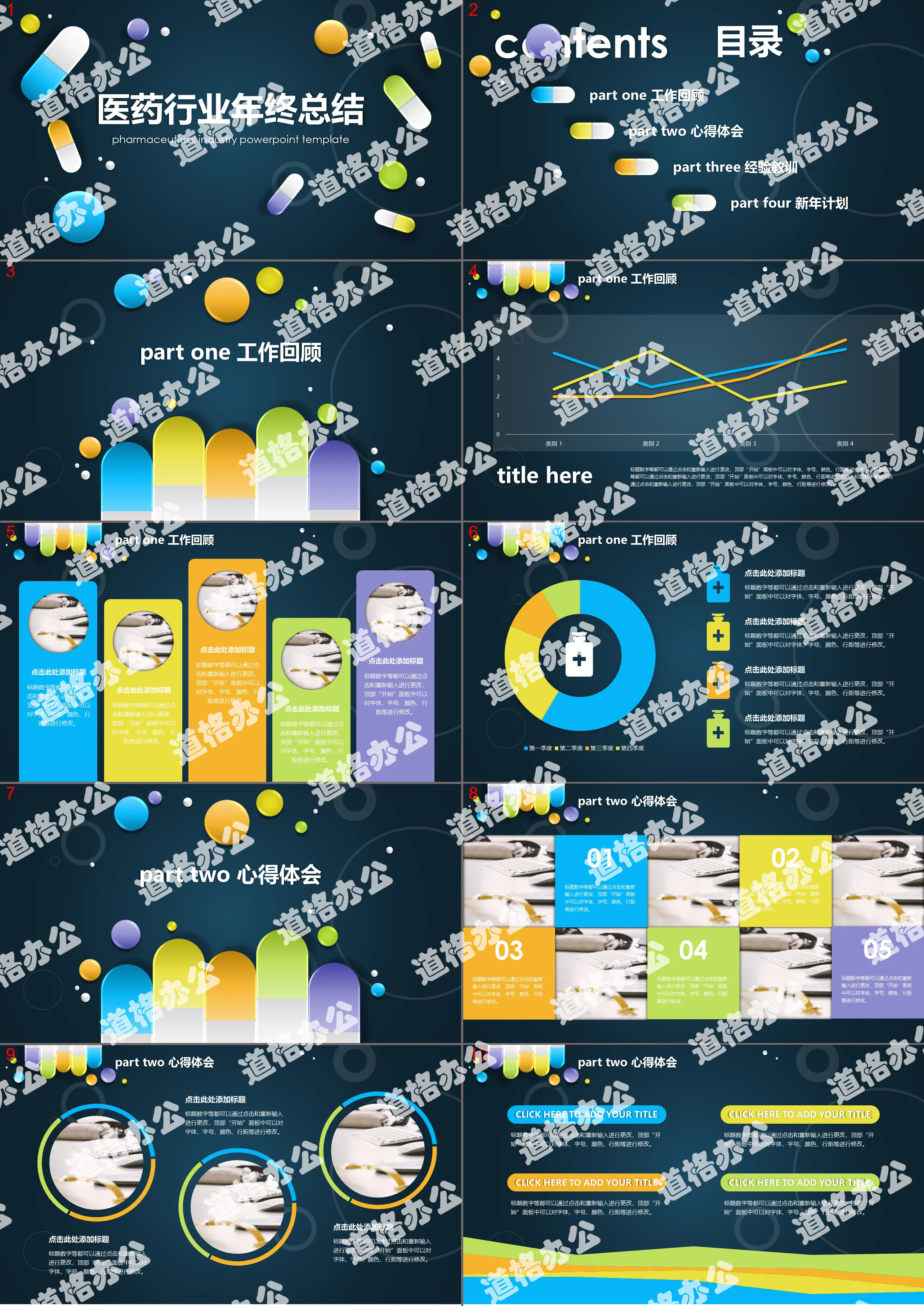 Pharmaceutical industry work summary PPT template with UI capsule tablet background