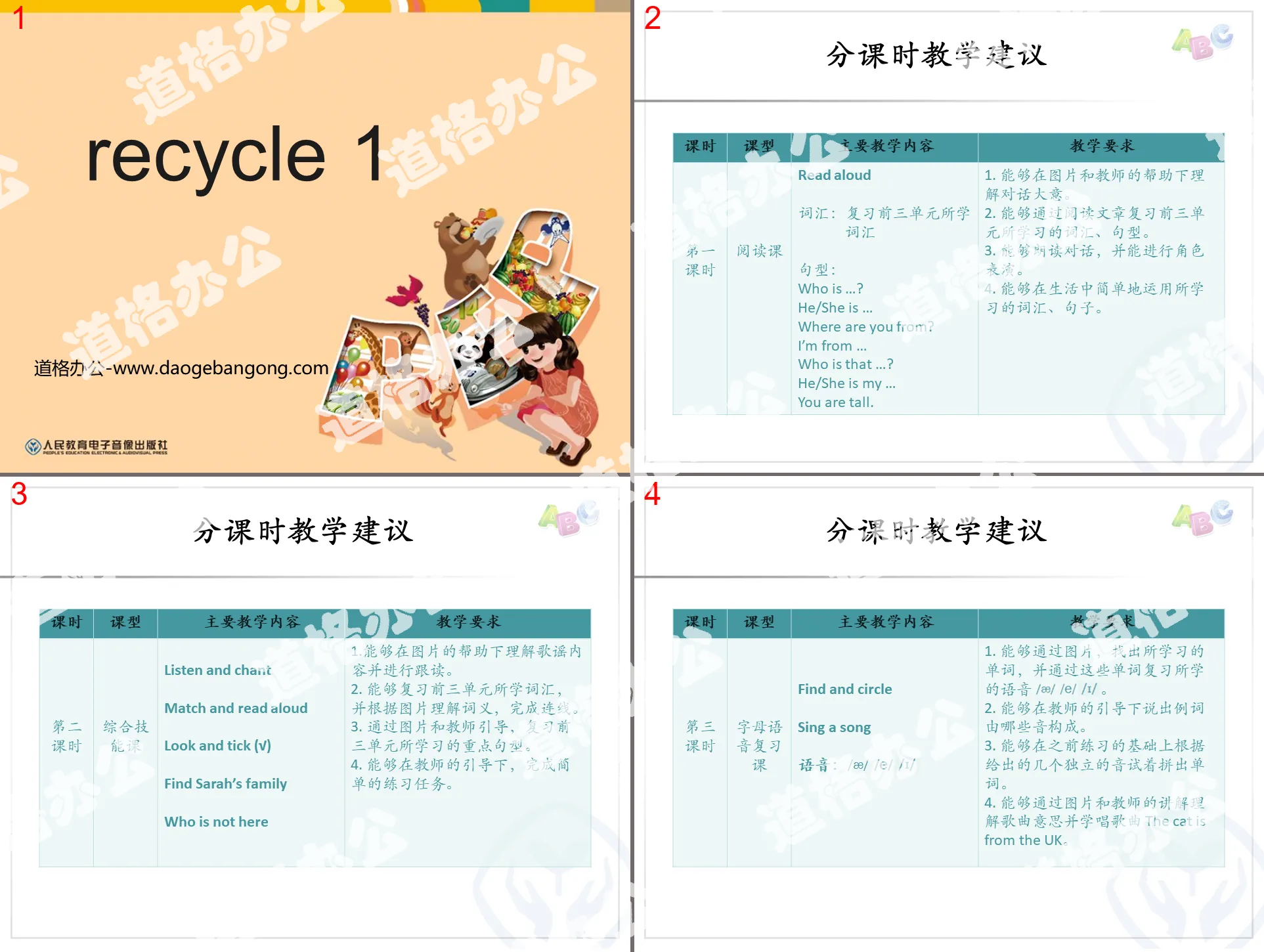 人教版PEP三年级英语下册《recycle1》分课时教学建议PPT课件
