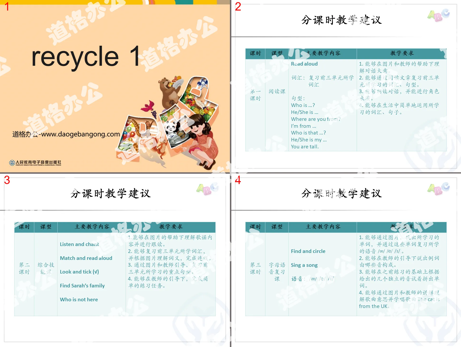 People's Education Press PEP third grade English volume 2 "recycle1" teaching suggestions PPT courseware by class time