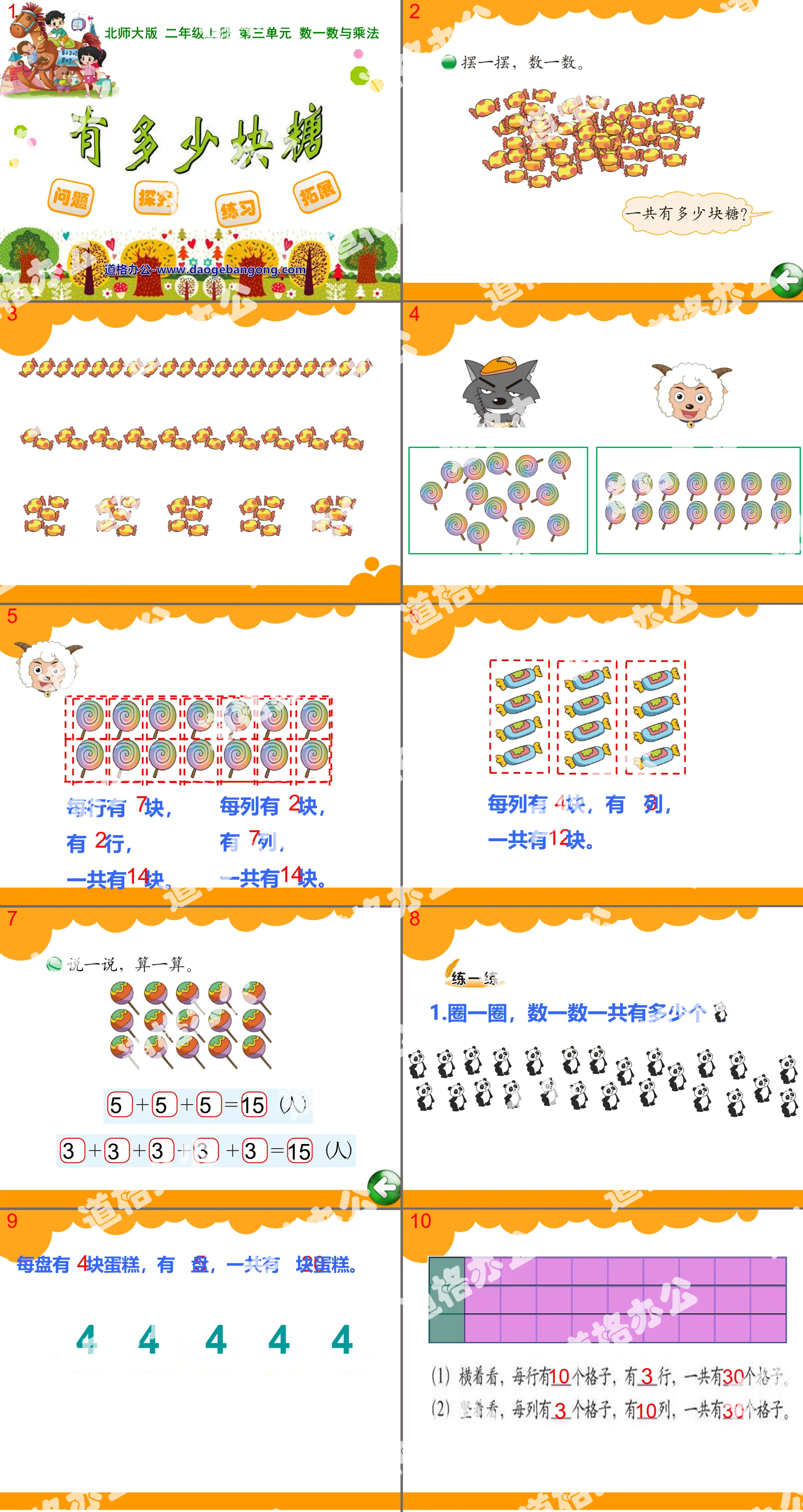 "How many pieces of candy are there" counting and multiplication PPT courseware