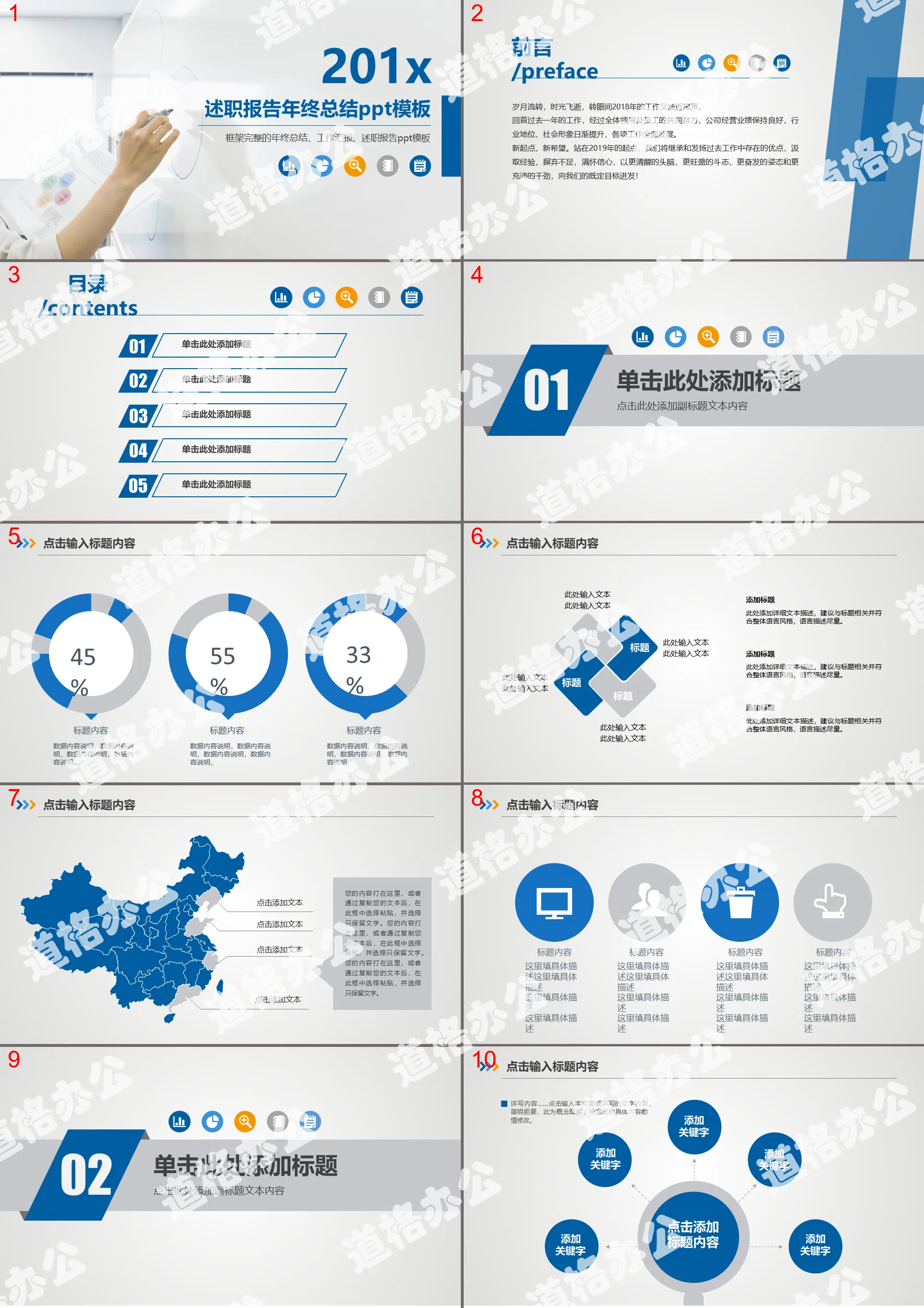 Blue debriefing report PPT template with simple gesture background