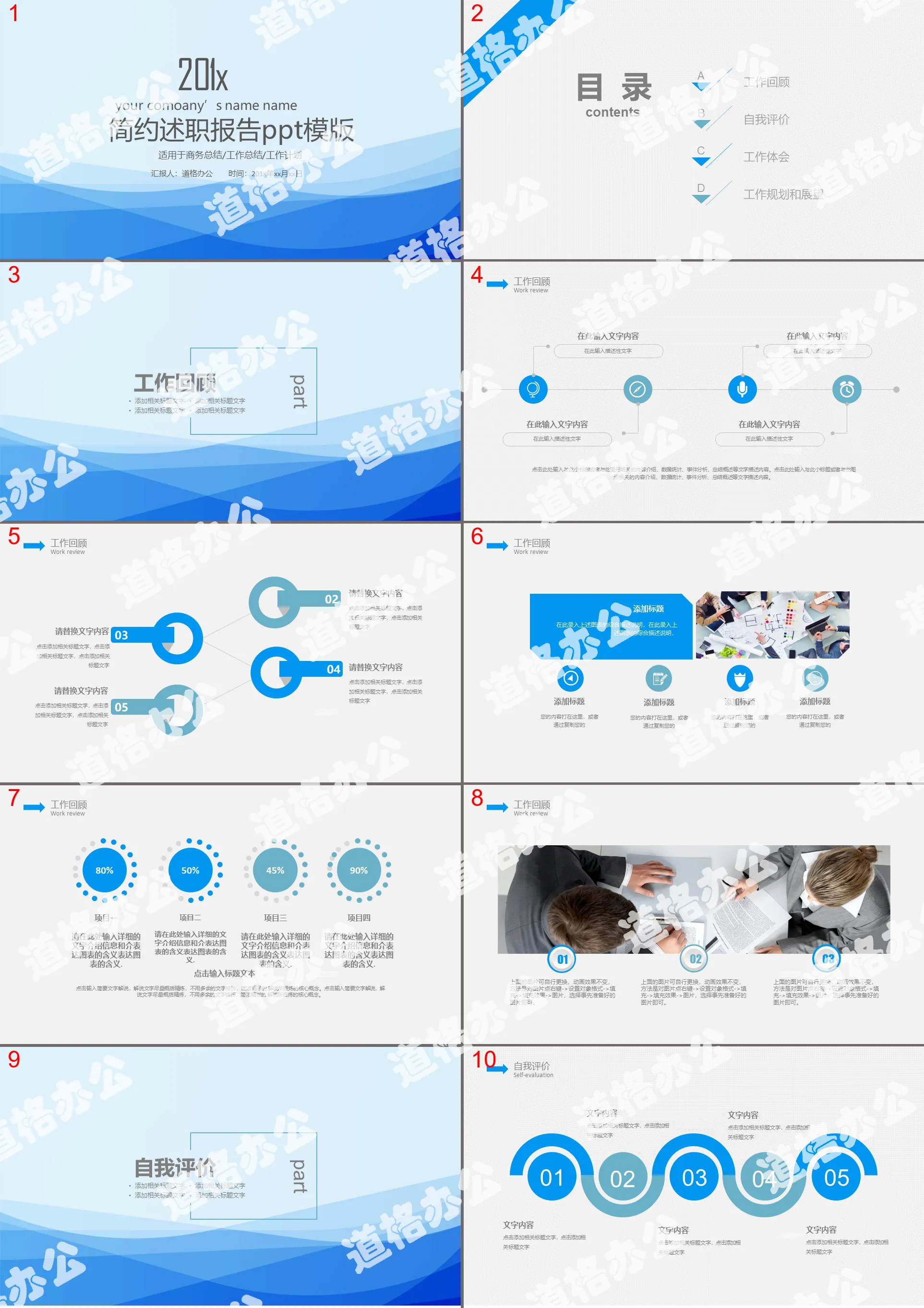 Personal debriefing report PPT template with blue elegant curve background