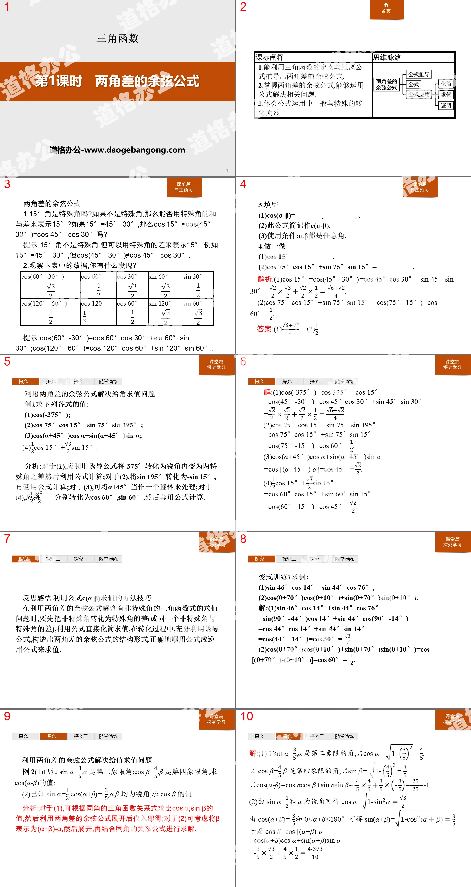 "The Cosine Formula of the Difference of Two Angles" Trigonometric Functions PPT