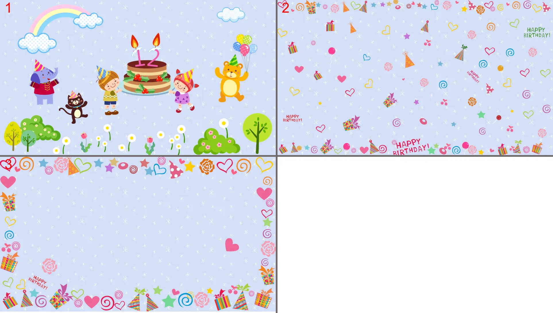 Three cartoon birthday PPT background pictures