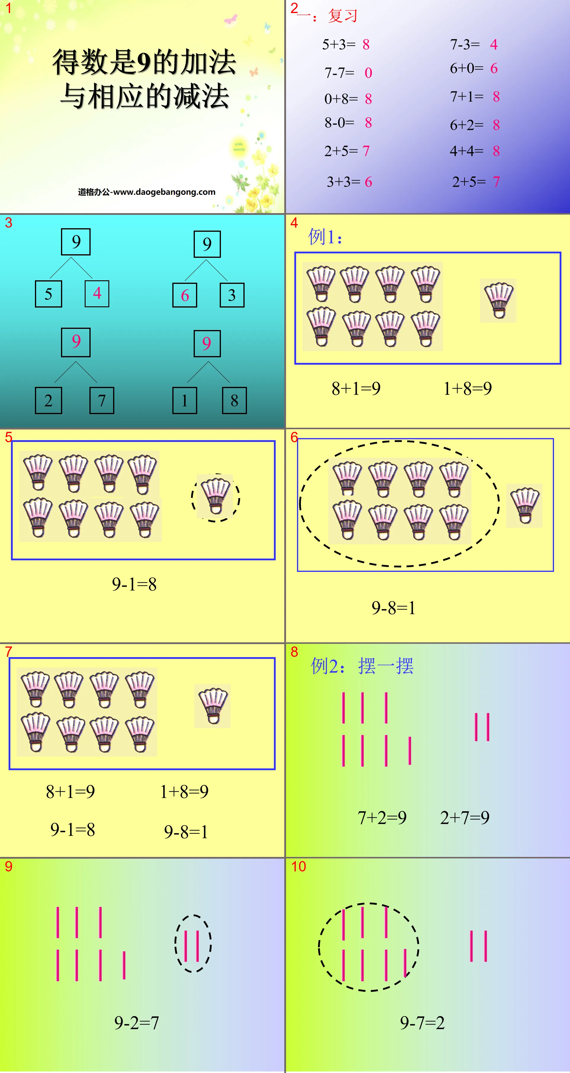 "Addition and corresponding subtraction to get the number 9" Addition and subtraction within 10 PPT courseware 2