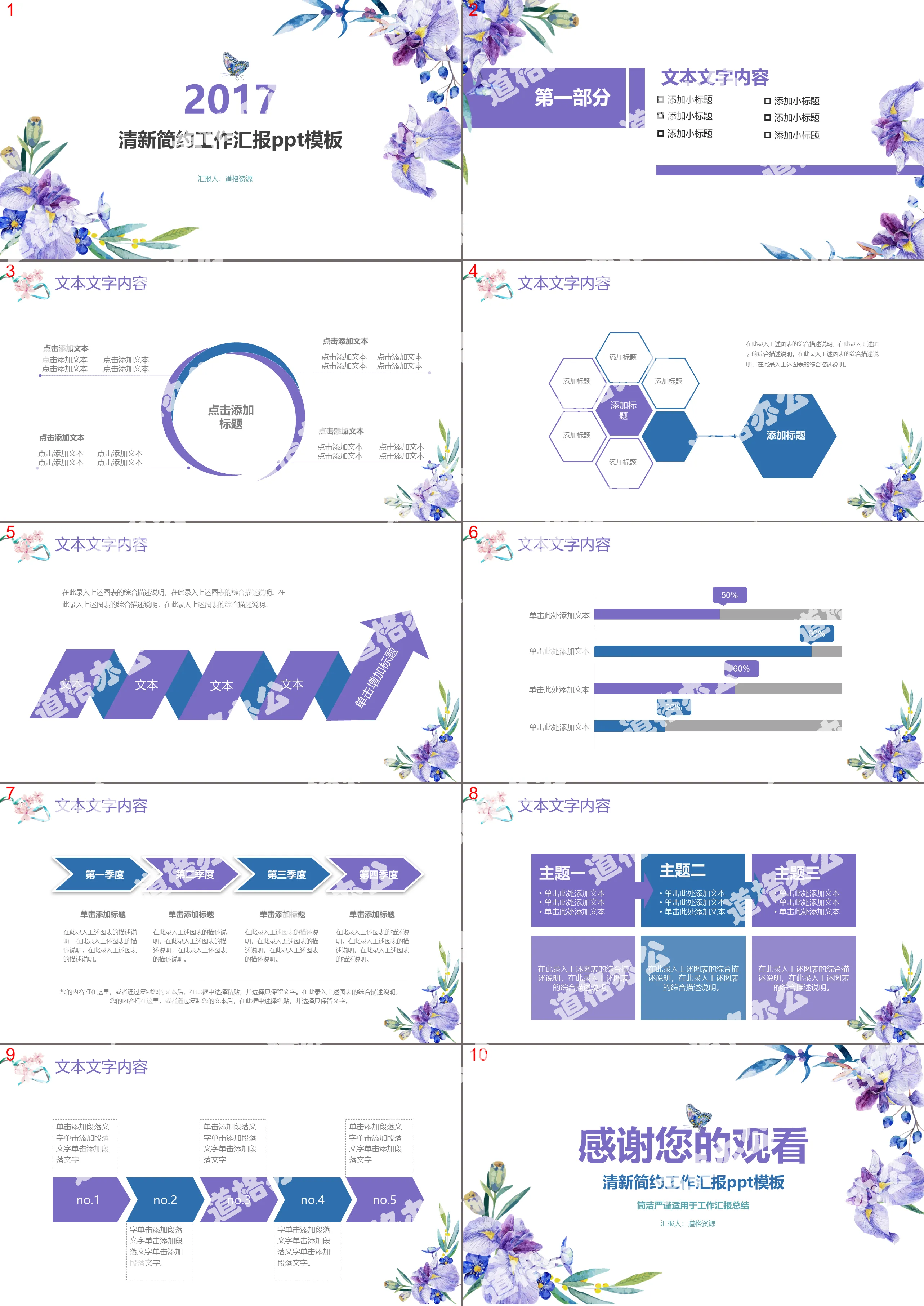 Work report PPT template with fresh orchid background