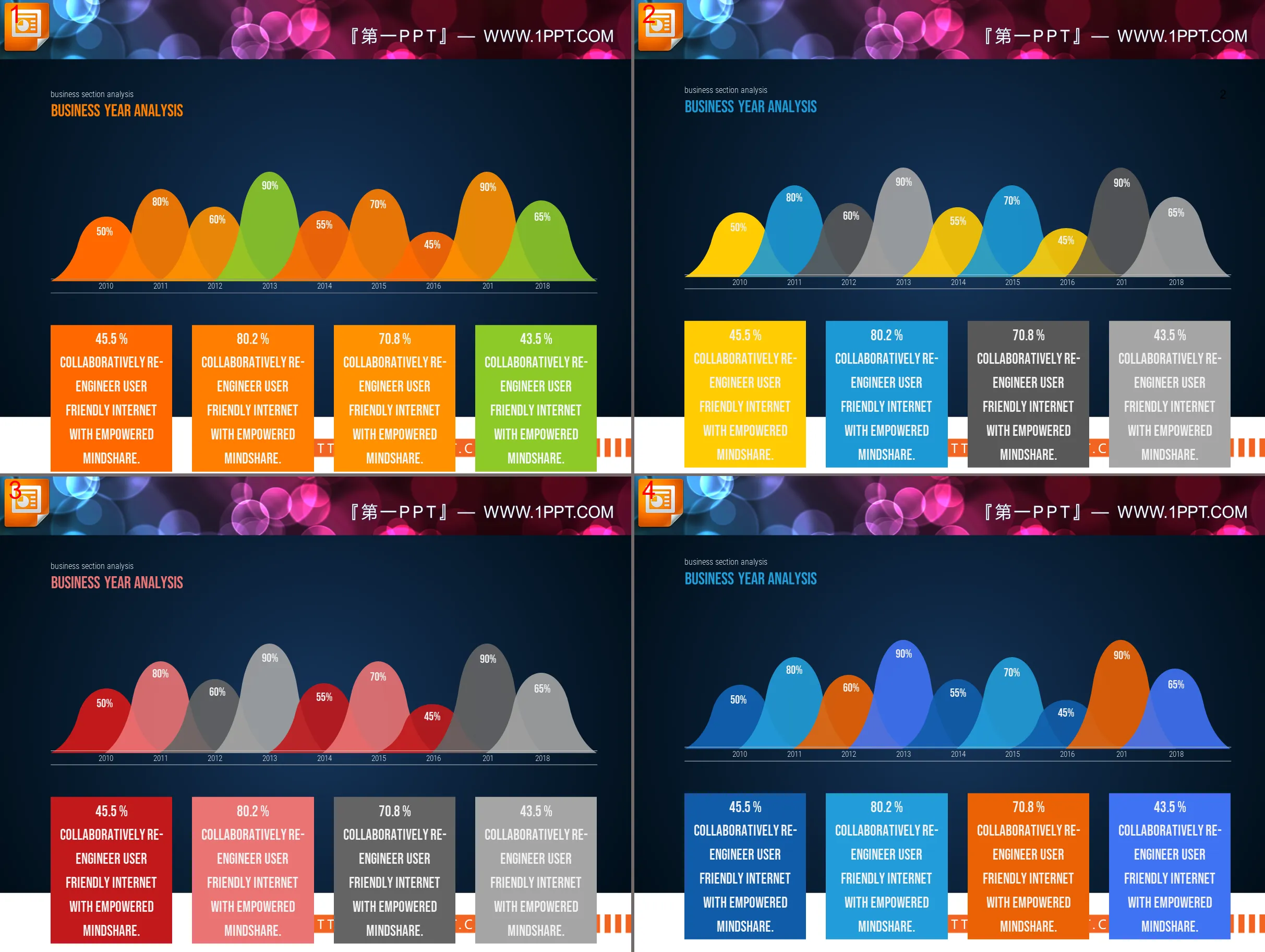 Four PPT curves with different themes and colors