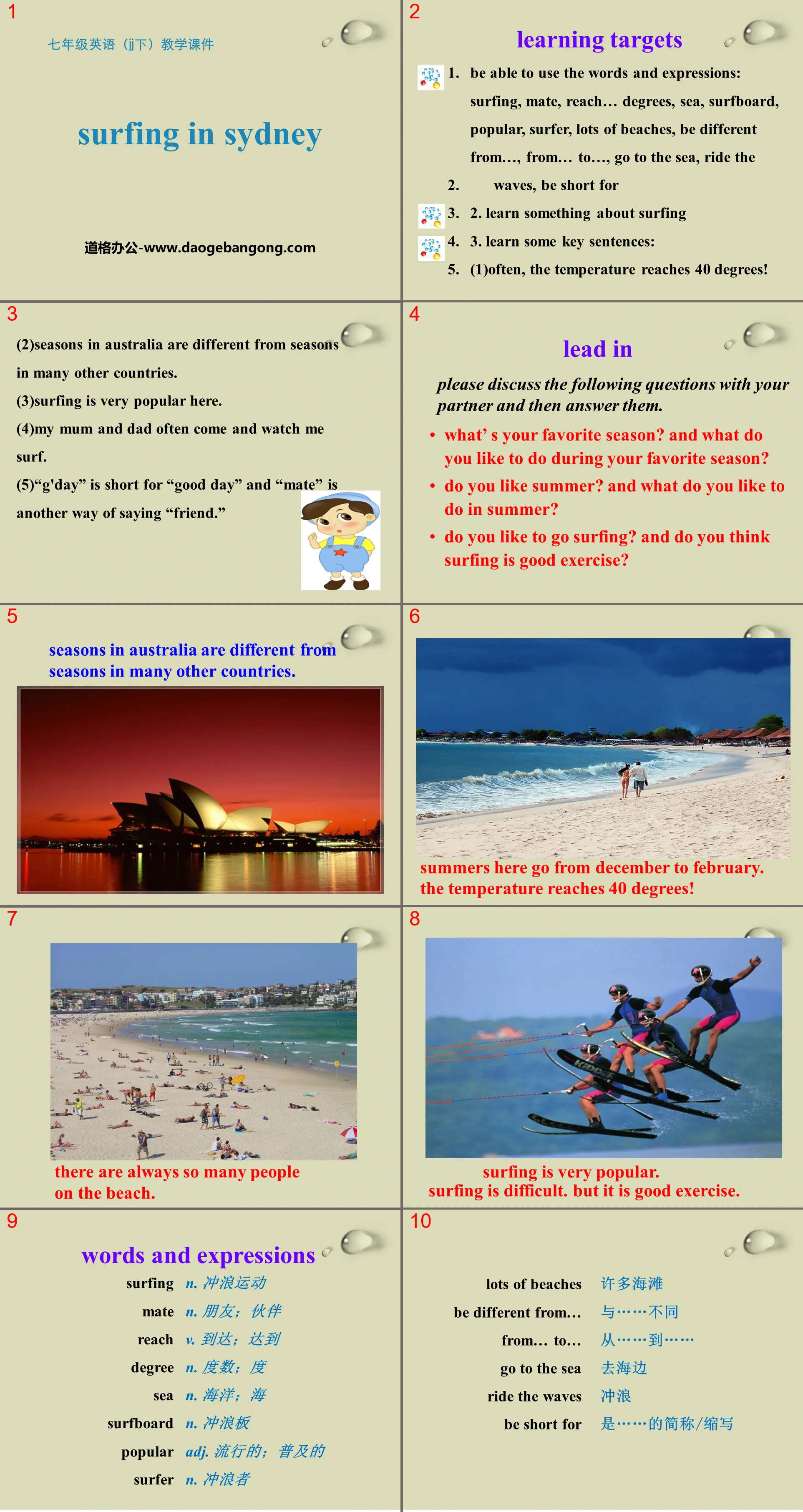 "Surfing in Sydney" Seasons PPT teaching courseware