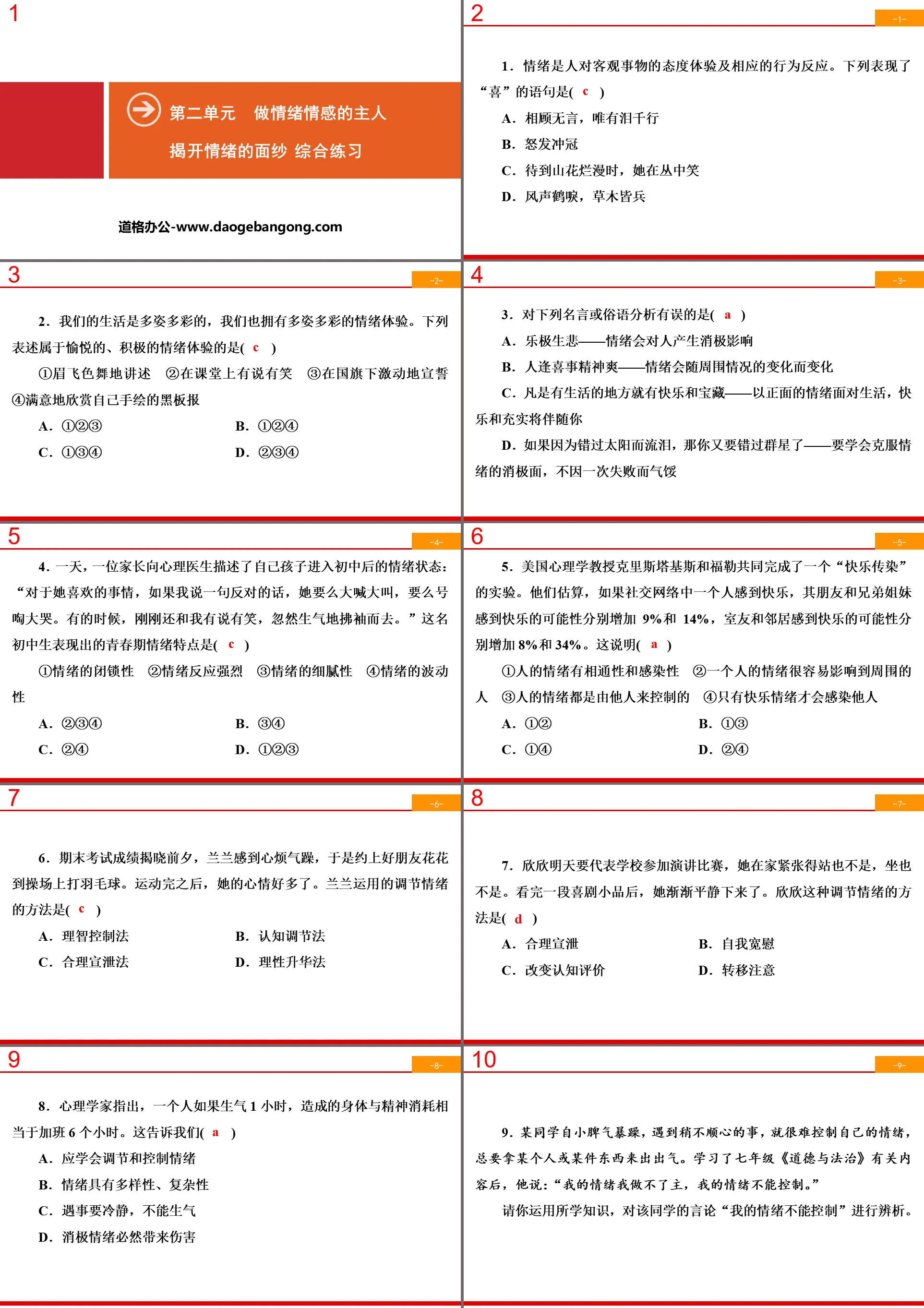 《揭开情绪的面纱》做情绪情感的主人PPT(综合练习)