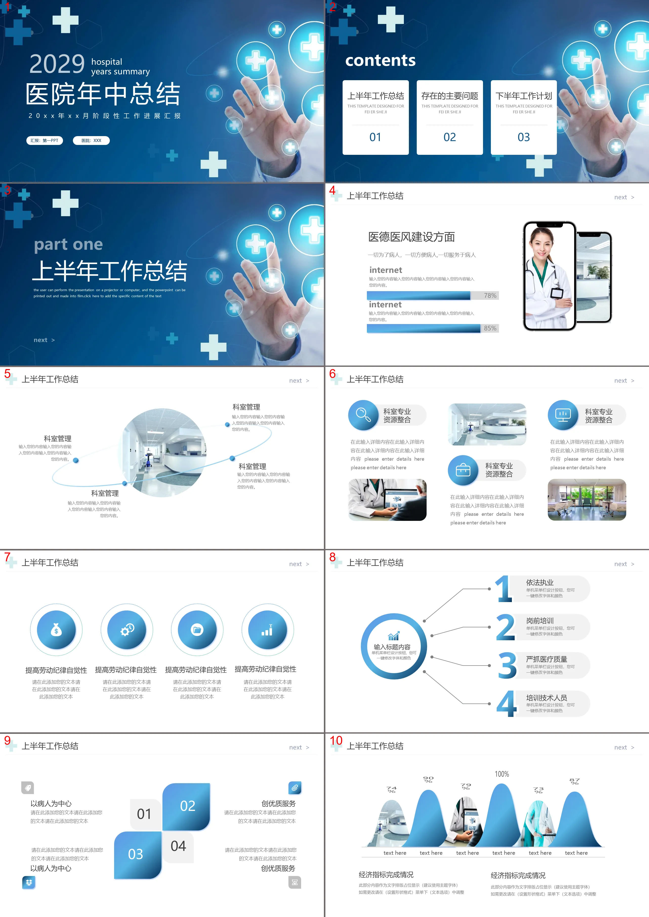 Hospital mid-year work summary PPT template with doctor's gesture background