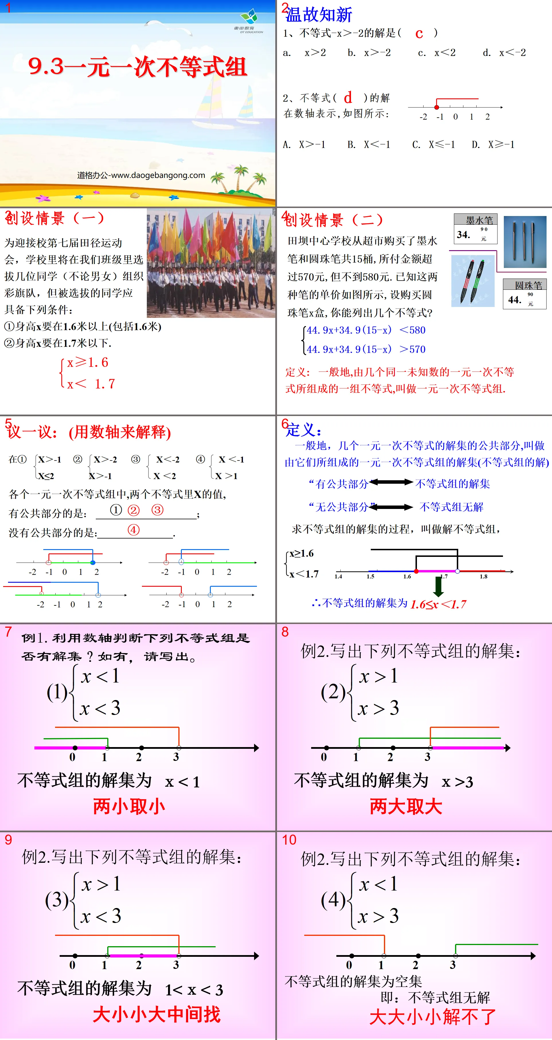 "Groups of linear inequalities of one variable" PPT courseware on inequalities and inequality groups