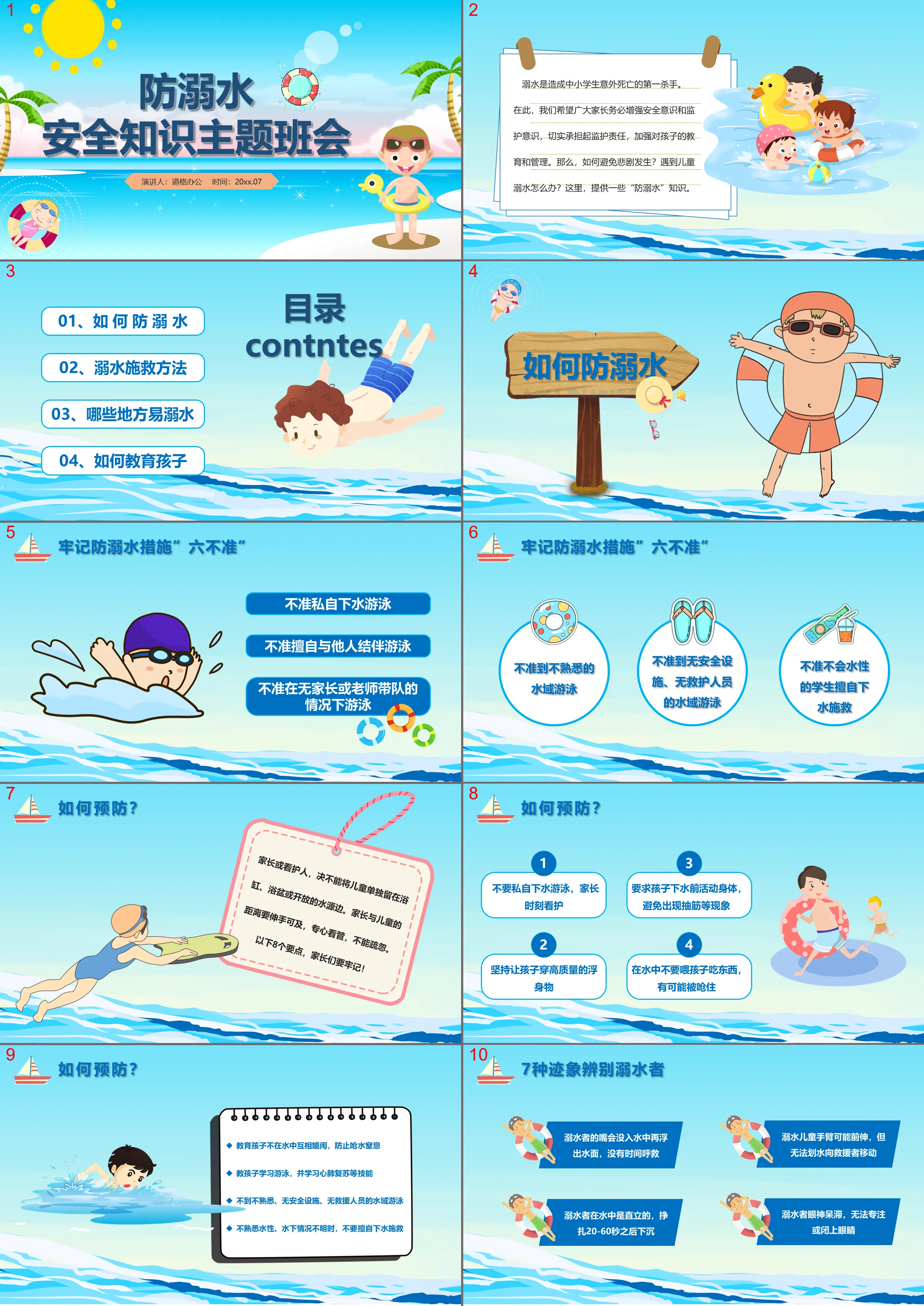 PPT download of anti-drowning safety knowledge theme class meeting with cartoon summer beach background