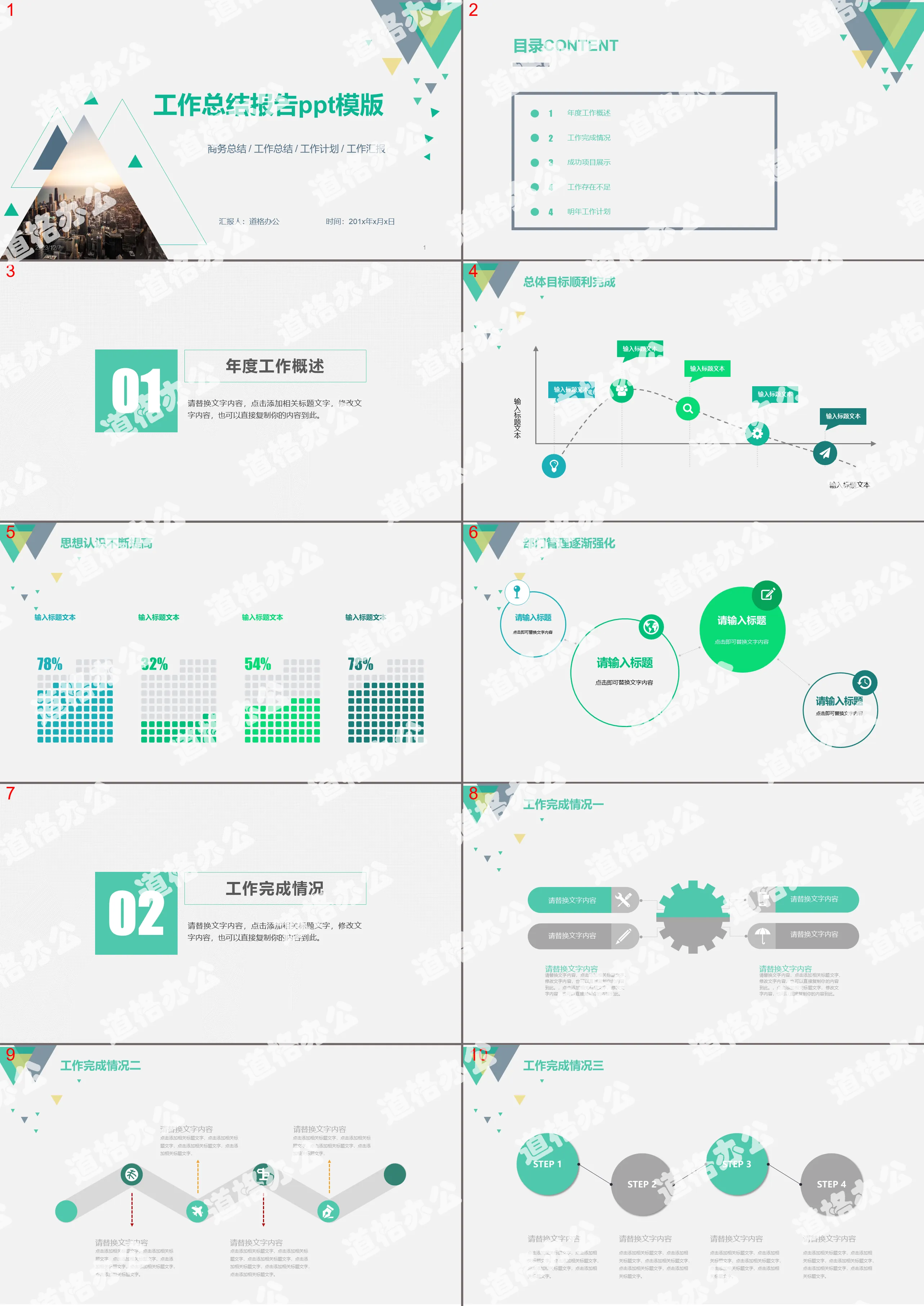 Simple green triangle background work report PPT template