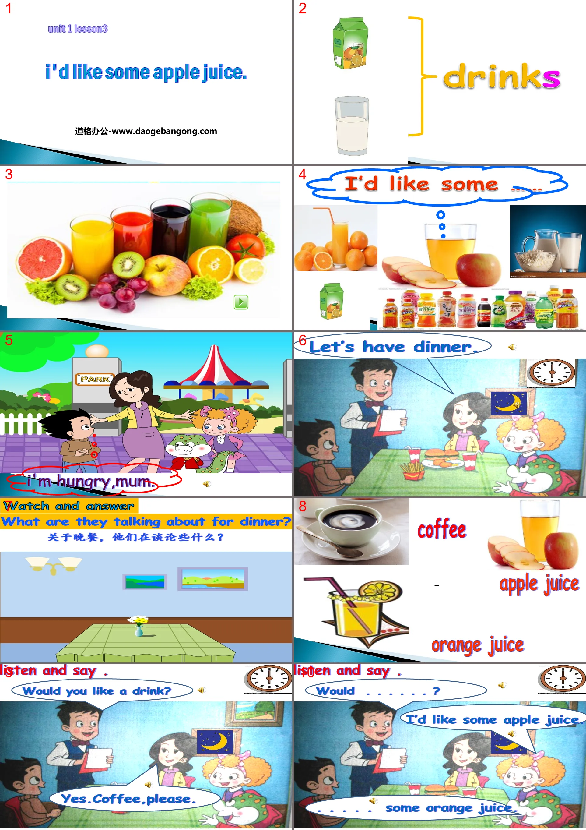 《I'd like some apple juice》Food and Drinks PPT