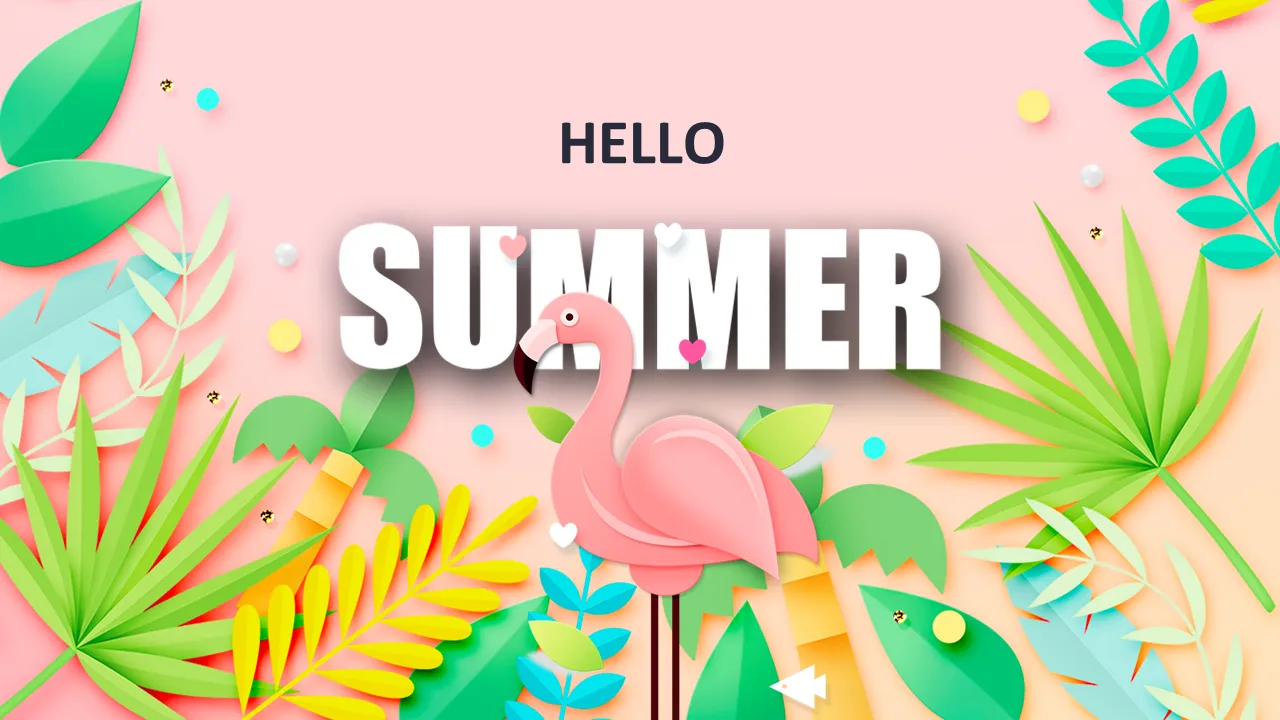 Summer theme PPT template with cartoon leaves and flamingo background